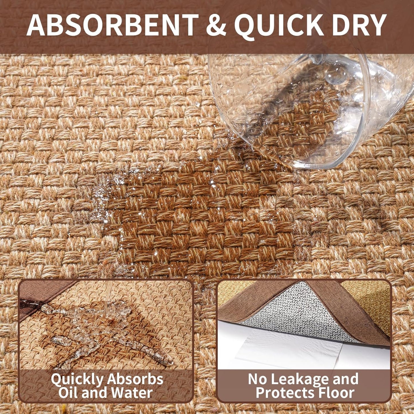 Kitchen Rugs Non Slip Washable, Super Absorbent Kitchen Mats for Floor, Rubber Backing Jute-Like Braid Kitchen Sink Mat Runner Rug Standing Floor Mat, Easy to Clean, Brown 17"x47"