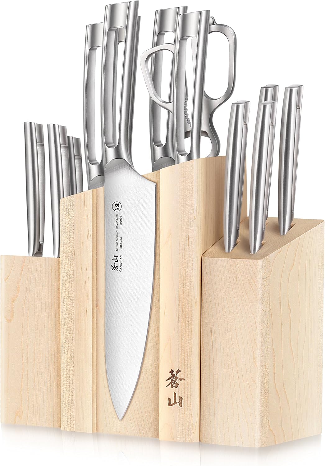 Cangshan TN1 Series 1021967 Swedish 14C28N Steel Forged 14-Piece DENALI Magnetic Knife Block Set, Maple