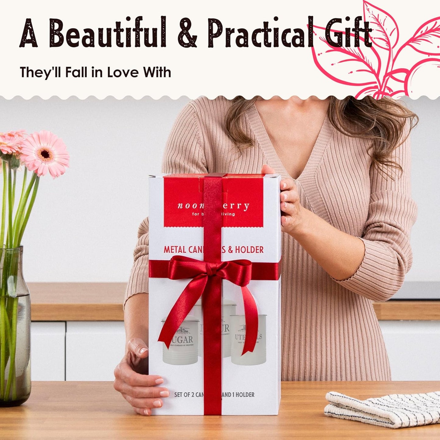 Canisters for Kitchen Counter, Set of 3 - Airtight Sugar and Flour Containers & Kitchen Utensil Holder, Rustic Farmhouse Canister Set for Kitchen Countertop