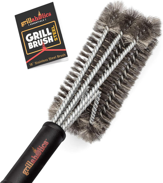 Grillaholics Essentials Grill Brush Steel - Triple Machine Tested for Safety - Stainless Steel Wire Grill Brush for Deep Grill Cleaning - Lifetime Manufacturers Warranty