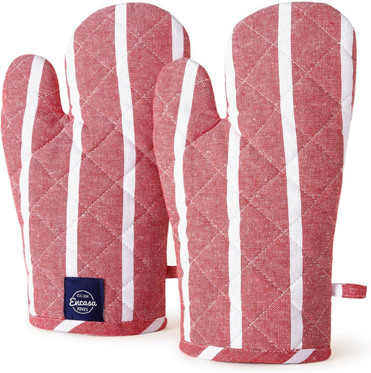 Encasa XO Long 12"x7" Oven Microwave Hand Gloves Mitts (2 pc Set) for Kitchen Cooking & Baking - Heat Resistant, Thick & Safe, Protection of Hands from Hot Utensils - Roma Red Stripes