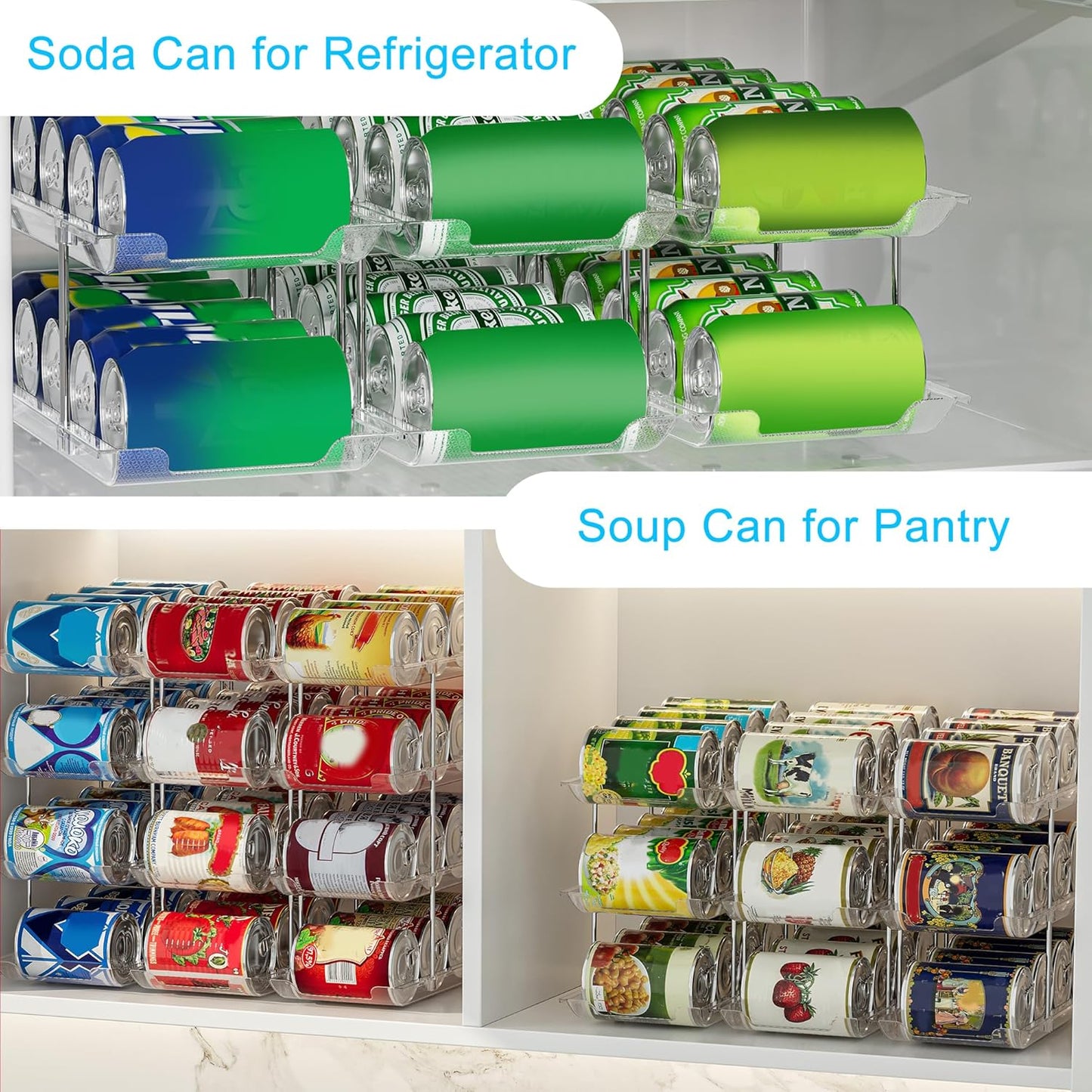 Can Organizer For Pantry, Adjustable Height And Width Canned Goods Organizer, Roller Soup Can Organizer Holds Up to 36 Cans for Kitchen Cabinet or Refrigerator(CLear 3 Tier)