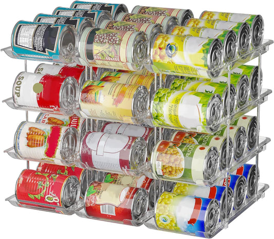 Can Organizer For Pantry, Adjustable Height And Width Canned Goods Organizer, Soup Can Rollers Organizer Holds Up to 48 Cans for Kitchen Cabinet or Refrigerator (CLear 4 Tier)