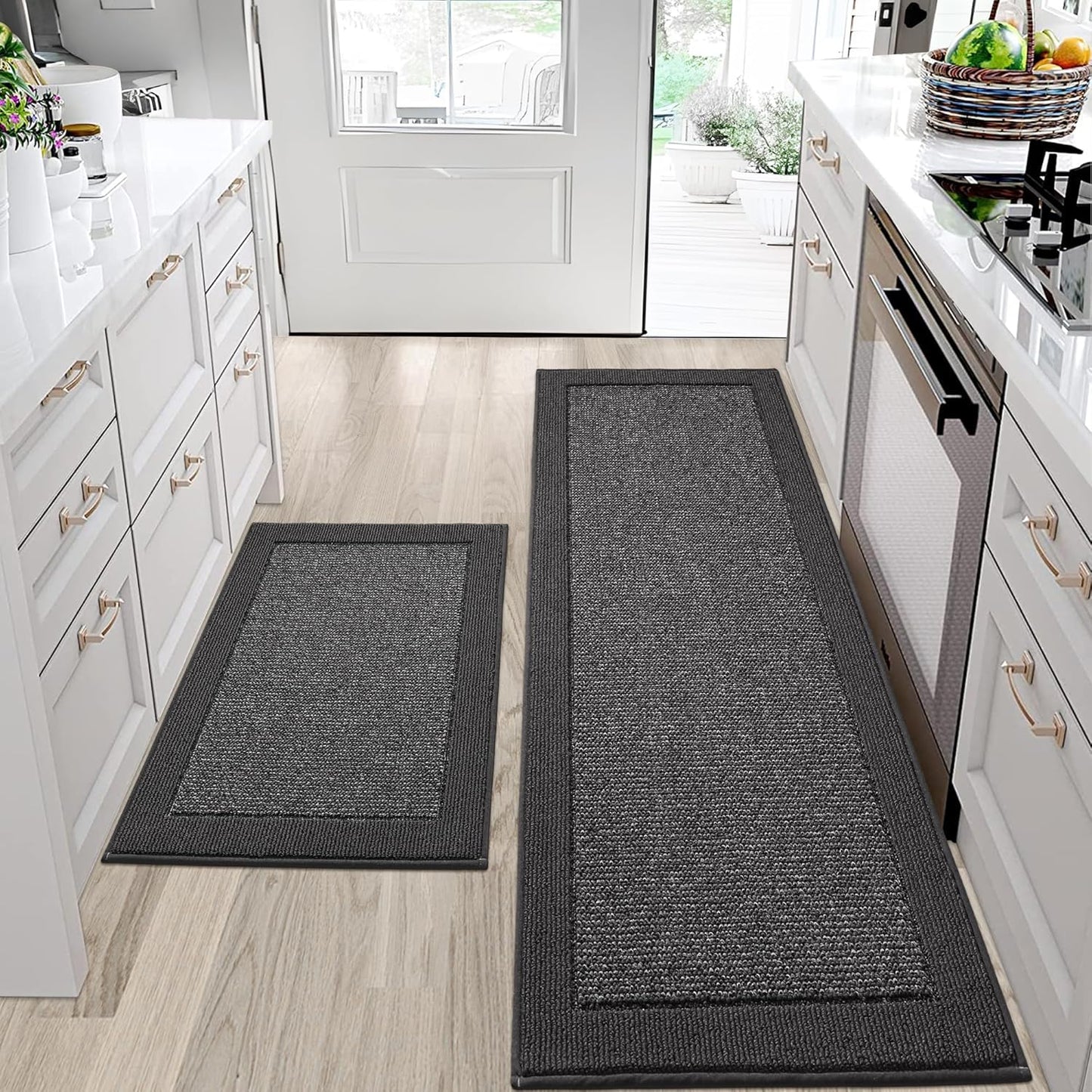 BEQHAUSE Kitchen Rugs and Mats Set of 2 Non-Slip Kitchen Mats for Floor, Absorbent and Stain Resistant Kitchen Runner, Machine Washable Rugs for Kitchen, Laundry & Sink, 24"x36"+24"x60", Charcoal