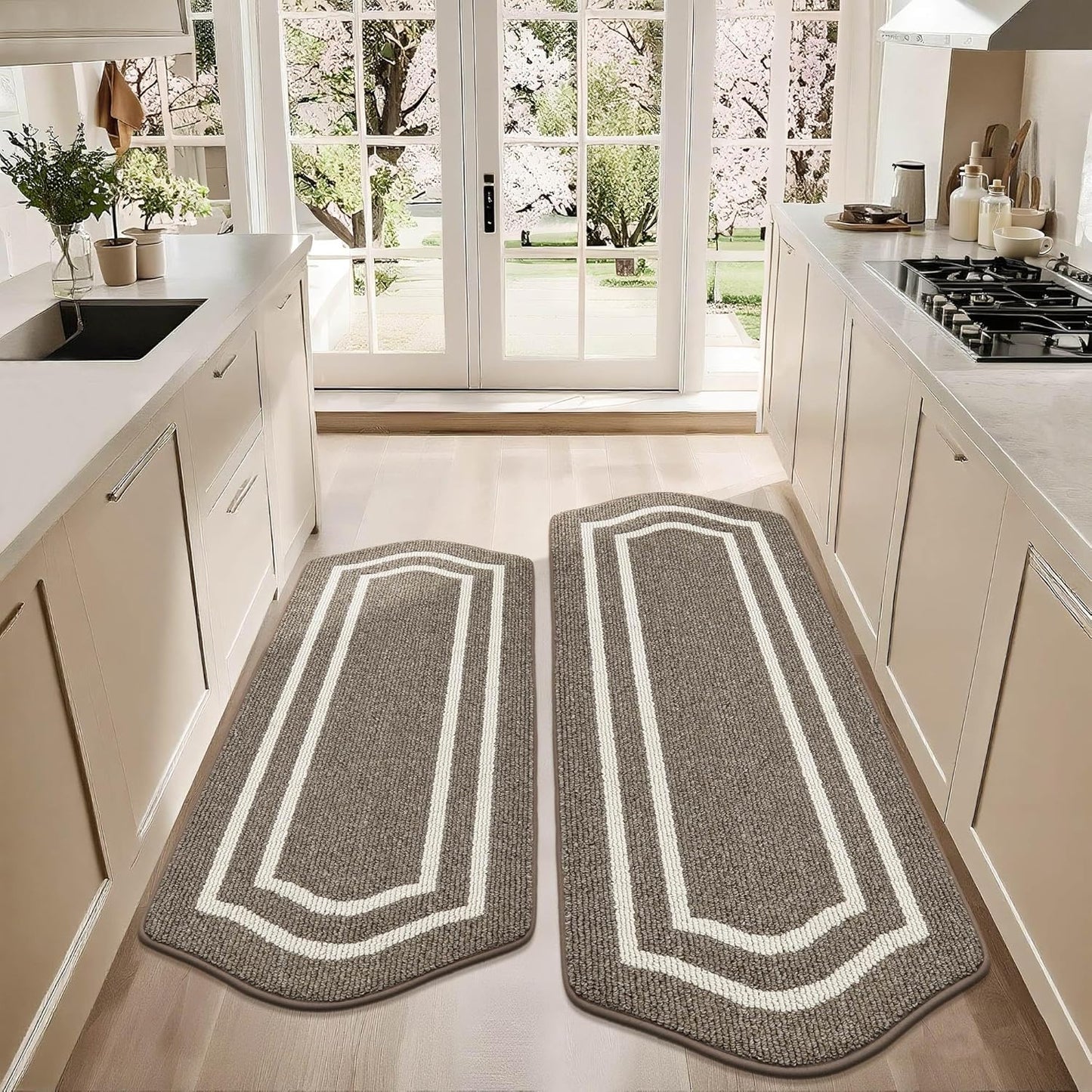 COSY HOMEER Long Kitchen Floor Mats for in Front of Sink Super Absorbent Kitchen Rugs and Mats 24"x48"+24"x59"Non-Skid Kitchen Mat Standing Mat Washable,Polypropylene,Brown,Frame