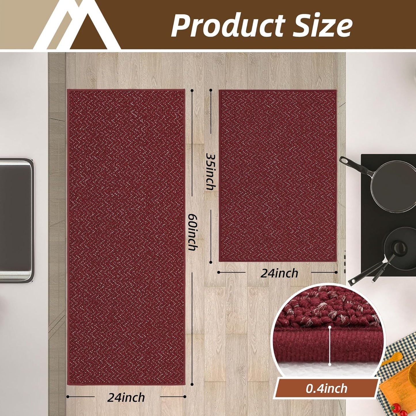 COSY HOMEER Kitchen Rugs Non Slip Washable 24"x36"+24"x60" Absorbent Kitchen Mats for Floor Stain Resistant Kitchen Runner Rug Sets of 2 Kitchen Floor Mats for Sink,Red