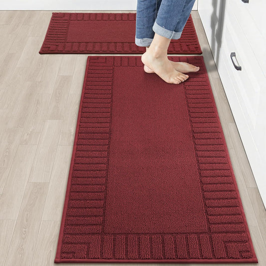 BEQHAUSE-Kitchen-Rugs-and-Mats [2PCS] Non Slip Kitchen Mats for Floor,Machine Washable Burgundy Red Kitchen Rugs,Polypropylene Kitchen Floor Mat with TPR Backing 20x30inch/20x48inch