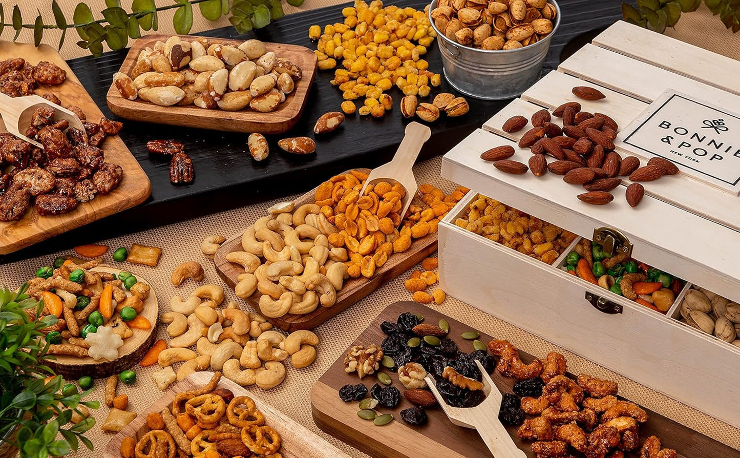 BONNIE AND POP - Nut Gift Basket | Healthy Gift of Assorted Nuts in Reusable Wood Crate | Large Variety Tray with Unique Flavors | Parties, Holidays, Birthday, Sympathy, Office, Thank You, Him, Her | Bonnie & Pop