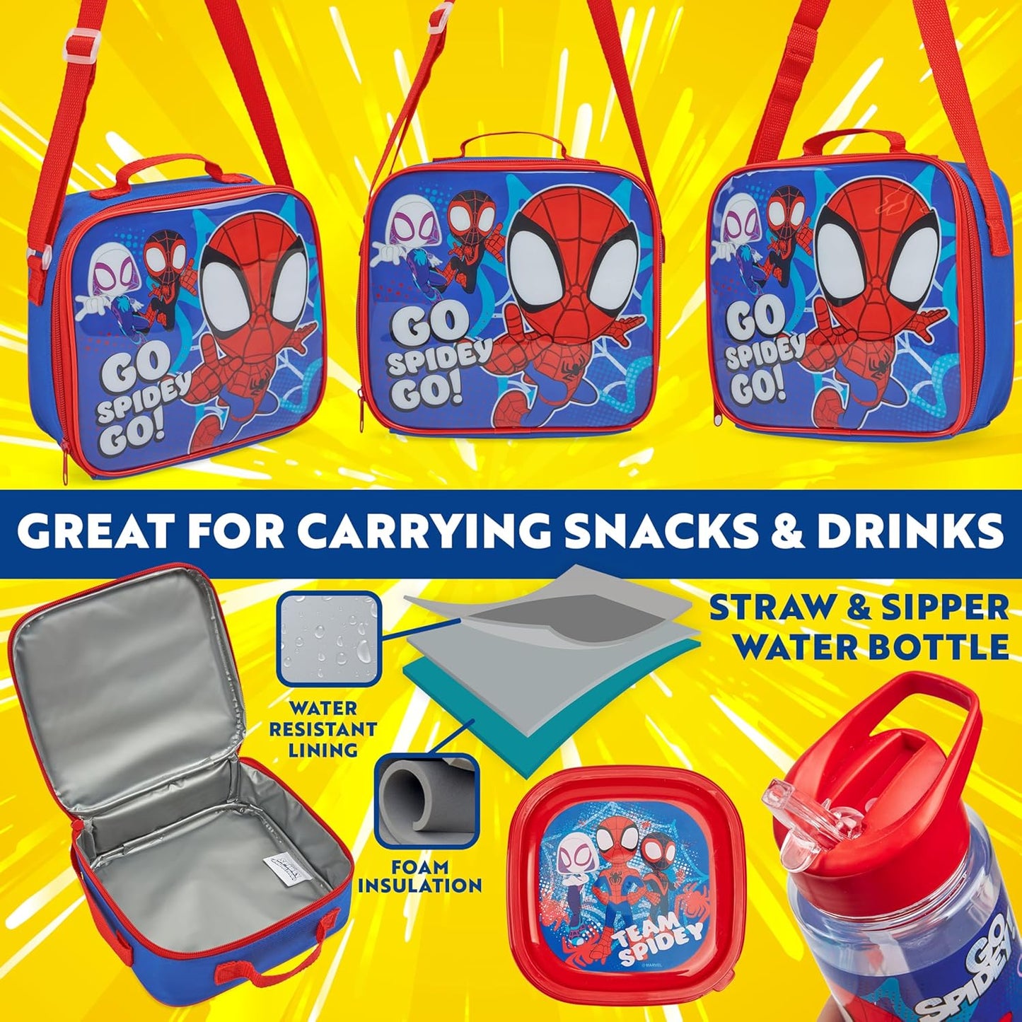Get Trend Marvel Spidey Kids Lunch Bag Set 3 Pc with Leak Proof Water Bottle and Small Lunch Box Insulated for School Daycare or Travel (Spidey)
