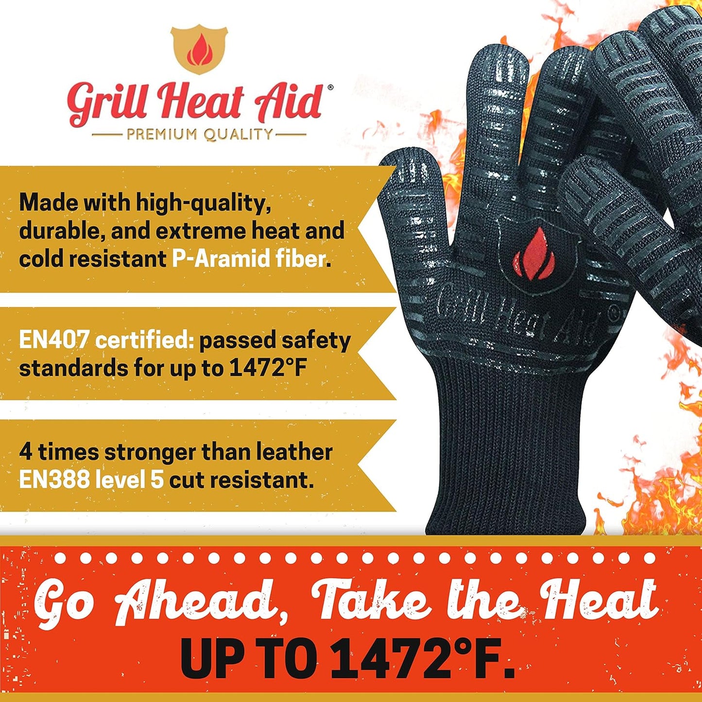 GRILL HEAT AID BBQ Grill Gloves Heat Proof for Grilling – Fireproof 1472°F Heat-Resistant Grill Mitts for Outdoor Barbecue and Smoker, Campfire, Fire Pit, Oven Glove with Fingers for Baking Pizza