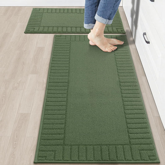 BEQHAUSE-Kitchen-Rugs-Non Slip-Kitchen-Mats- for-Floor Machine Washable Kitchen Rugs 2 Pieces Kitchen Carpet Runner with TPR Backing,Green,20x30inch/20x48inch