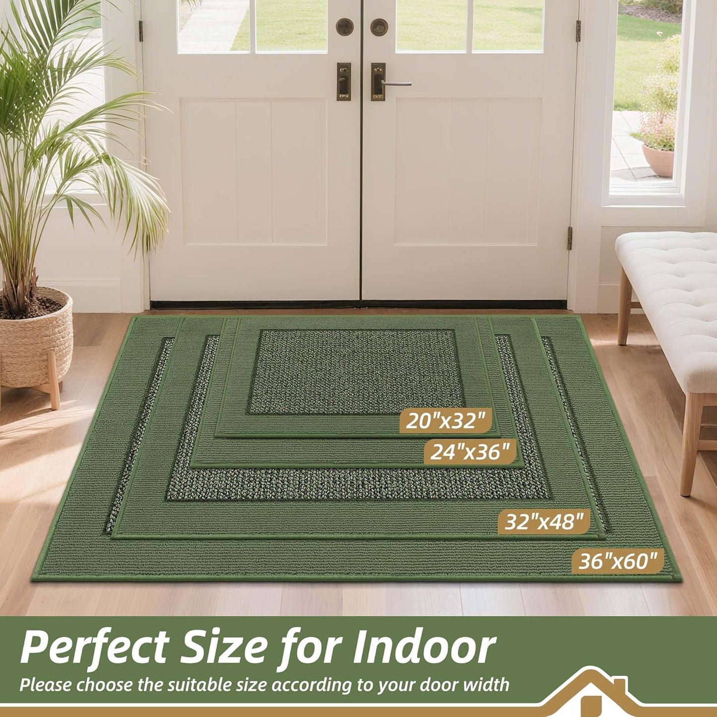 BEQHAUSE Indoor Door Mat 20" x 32", Dirt Trapper Door Mats Non-Slip Entryway Rugs Washable, Resist Dirt Absorbent Welcome Mat, Low Profile Floor Mats for Front Back Door and Entryway, Green