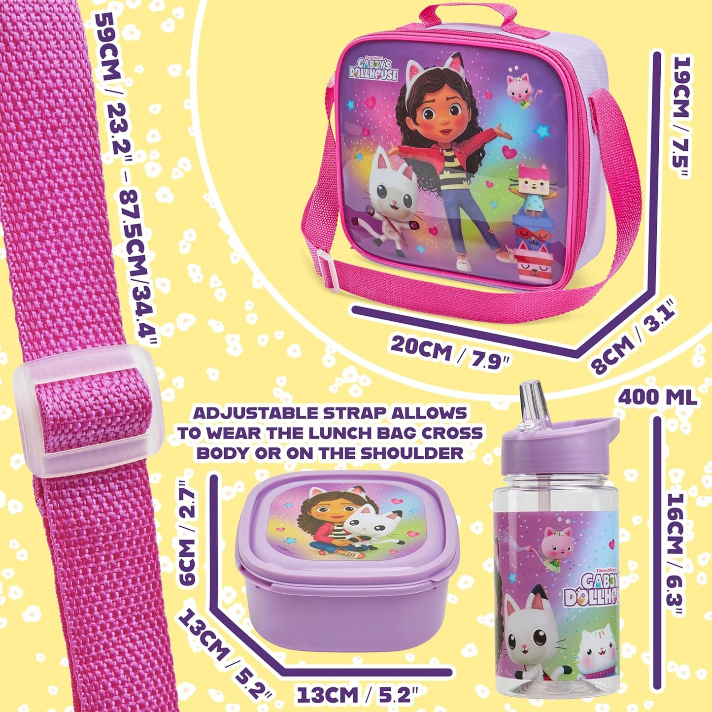 Get Trend Gabby's Dollhouse Kids Lunch Bag Set 3 Pc with Leak Proof Water Bottle and Small Lunch Box Insulated for School Daycare Travel (Gabby’s Dollhouse)