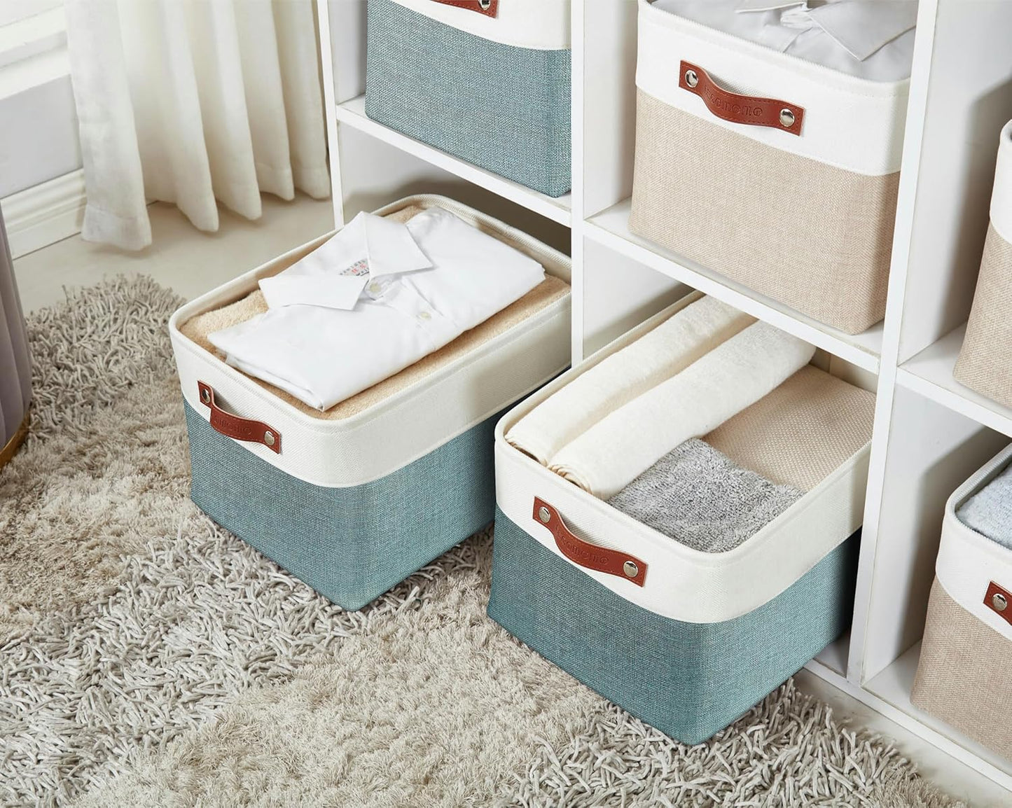 DECOMOMO Storage Baskets for Shelves - Fabric Storage Bins, Linen Closet Organizers and Storage (Green & White, XL - 3 Pack)