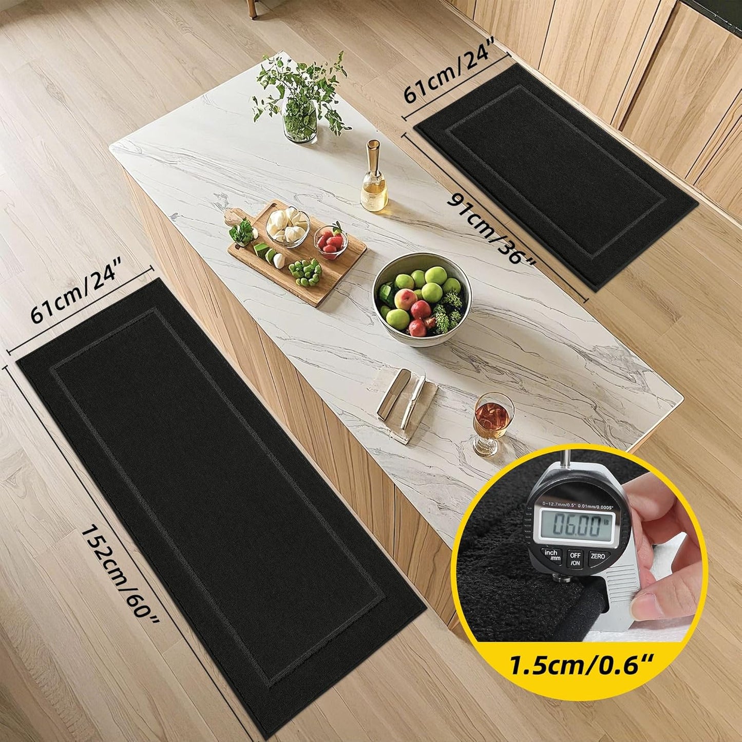 JSEI Non-Slip Kitchen Mats, Self Adhesive No Sliding Kitchen Rugs Set of 2, Washable Absorbent Floor Mat for Kitchen, Bathroom, Laundry Room, Bedroom, 24”x36”+24”x60”, Black, Rectangular Pattern