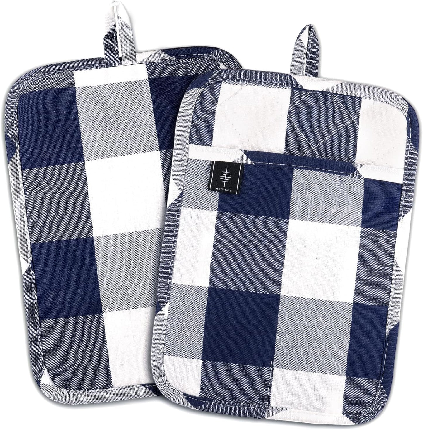 Cotton Pot Holders for Kitchen Heat Resistant Potholder, Hot Pads, Trivet Coaster Non-Slip Potholders Set for Cooking and Baking (2, Blue Plaid, Rectangle, 10 x 7 in)