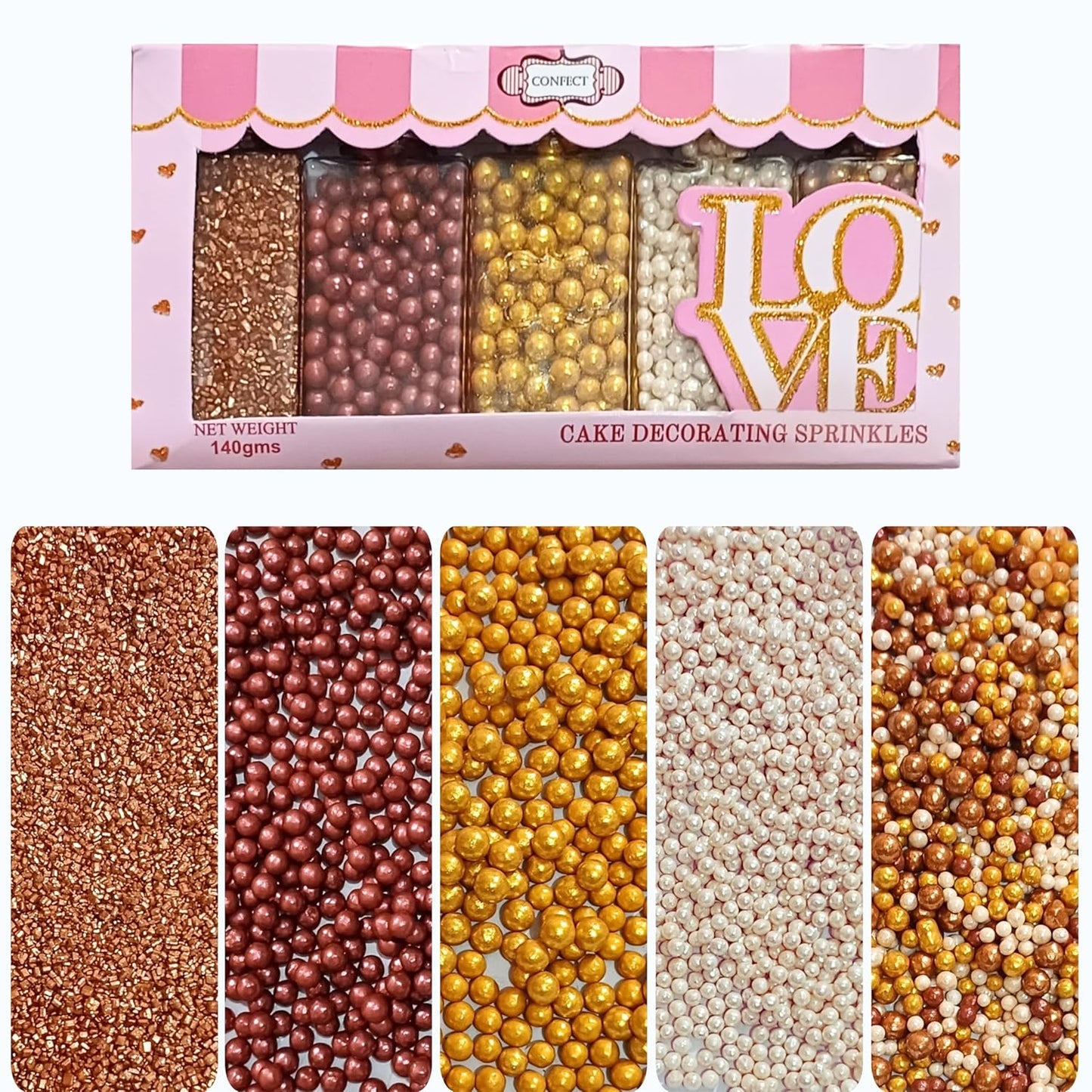 Confect Sprinkle Mix – Edible Gold, Bronze & White Sugar Pearls with Copper Sparkling Sugar –Great Gatsby Disco Ball- Elegant Cake, Cupcake & Cookie Decorating Sprinkles –Vegan, Gluten-Free, Nut-Free, Soy-Free, Dairy-Free, Palm Oil-Free, Dye Free- 5 Oz