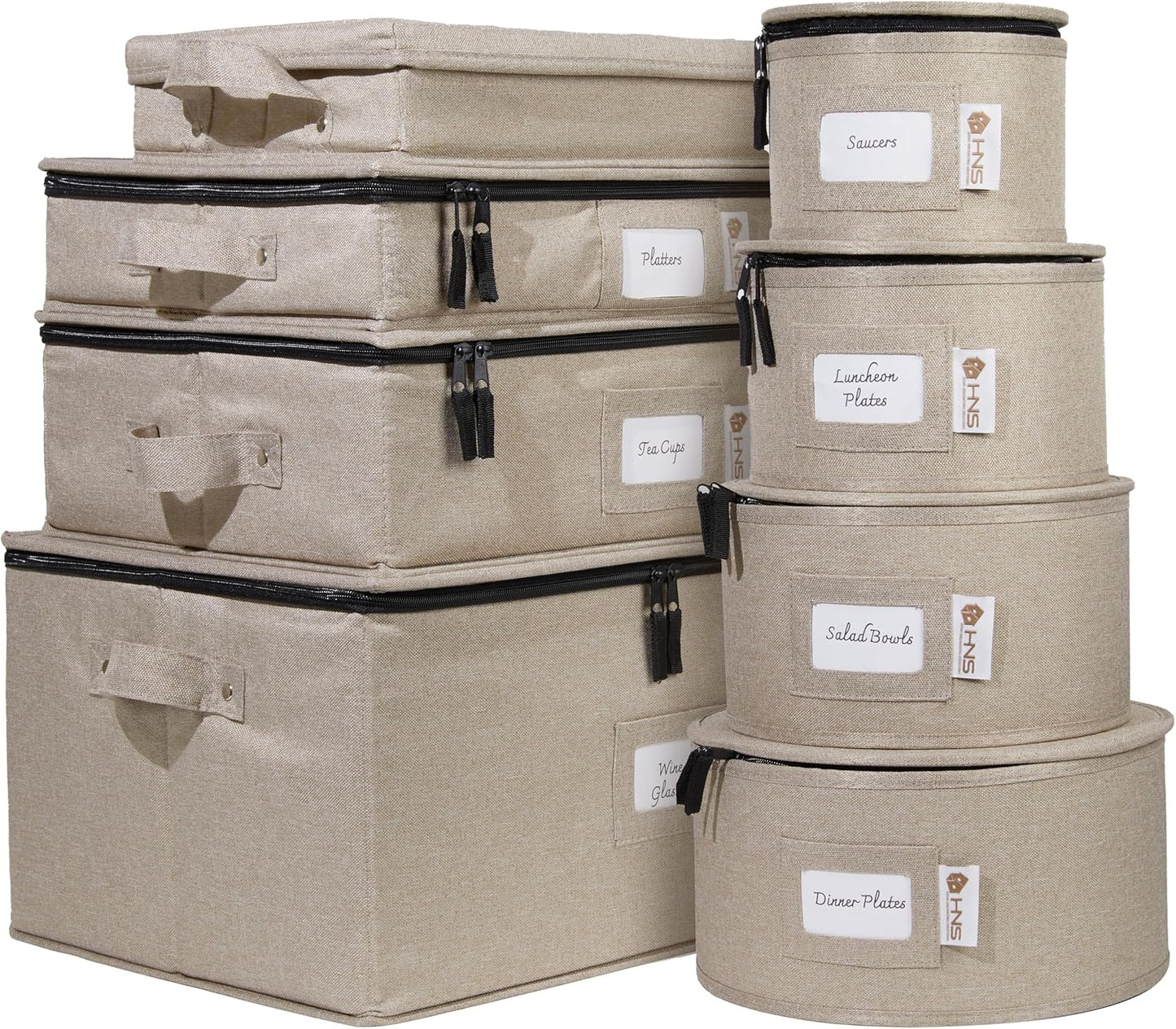 Hard Shell China Storage Containers 8-Piece Set Moving Boxes for Dinnerware, Glasses, Plates, Mugs and Saucers Sturdy Dish Organizer with Dividers for Seasonal Storage - Service for 12 - Brown