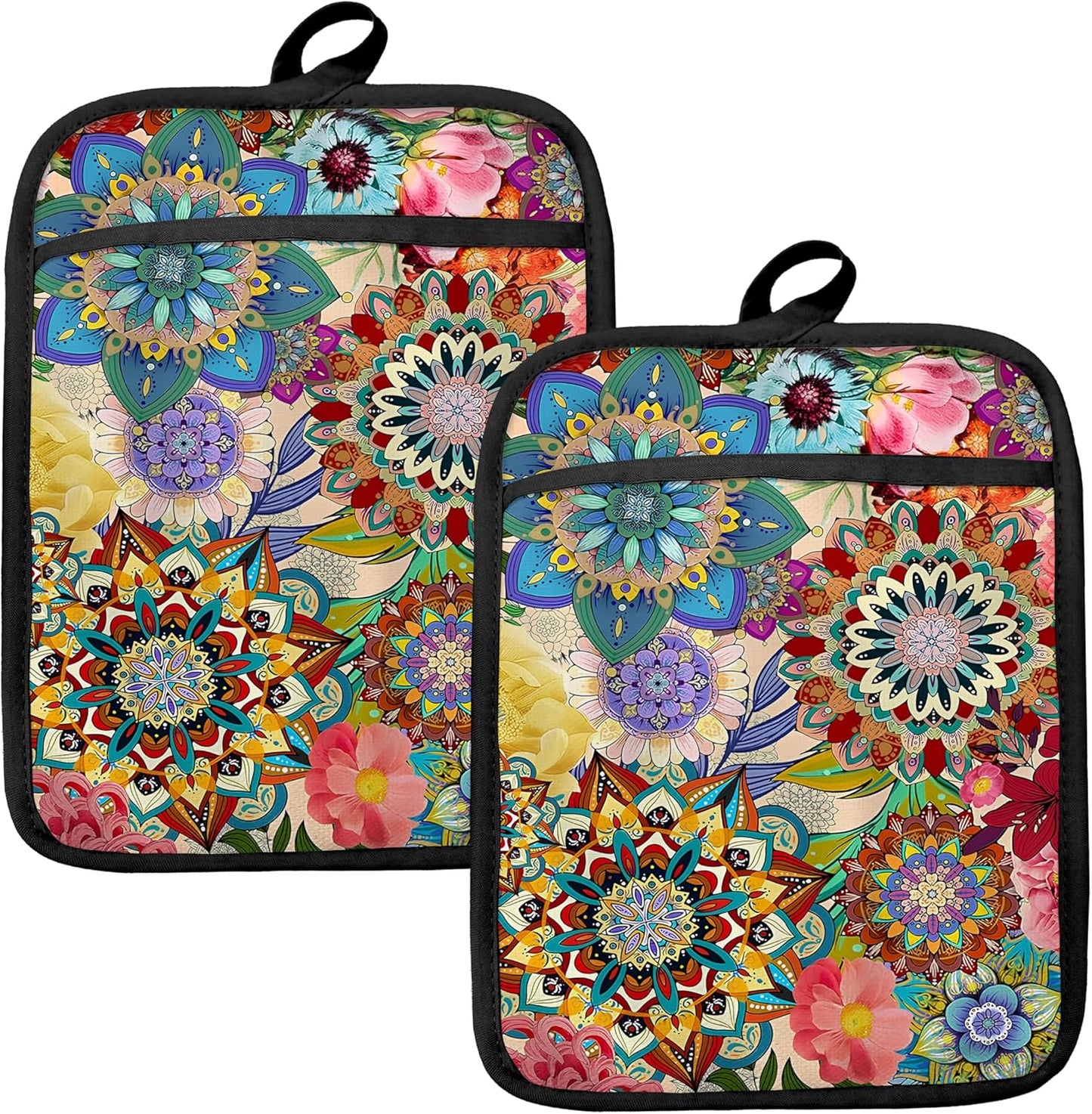 Boho Floral Oven Mitts Set, Vintage Luxury Colorful Flower Floral Heat Resistant Kitchen Oven Gloves for Baking and Cooking,Pot Holders