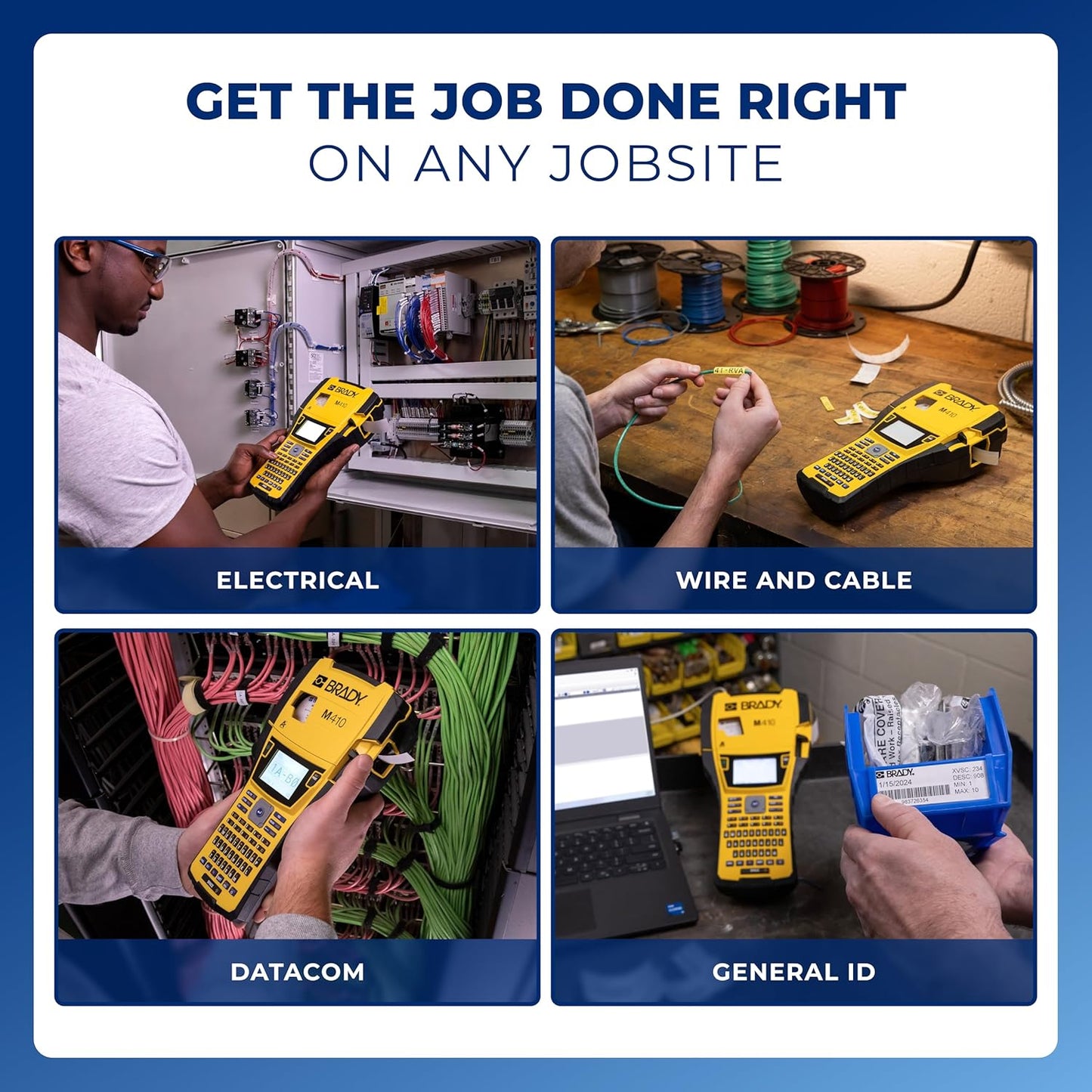 Brady M410 Handheld Portable Industrial Label Printer, 1" Wide Labels, Single Color Thermal Printing, for DataCom, Electrical, and Laboratory, Yellow/Black, 11.5" H x 6" W x 3.5" D