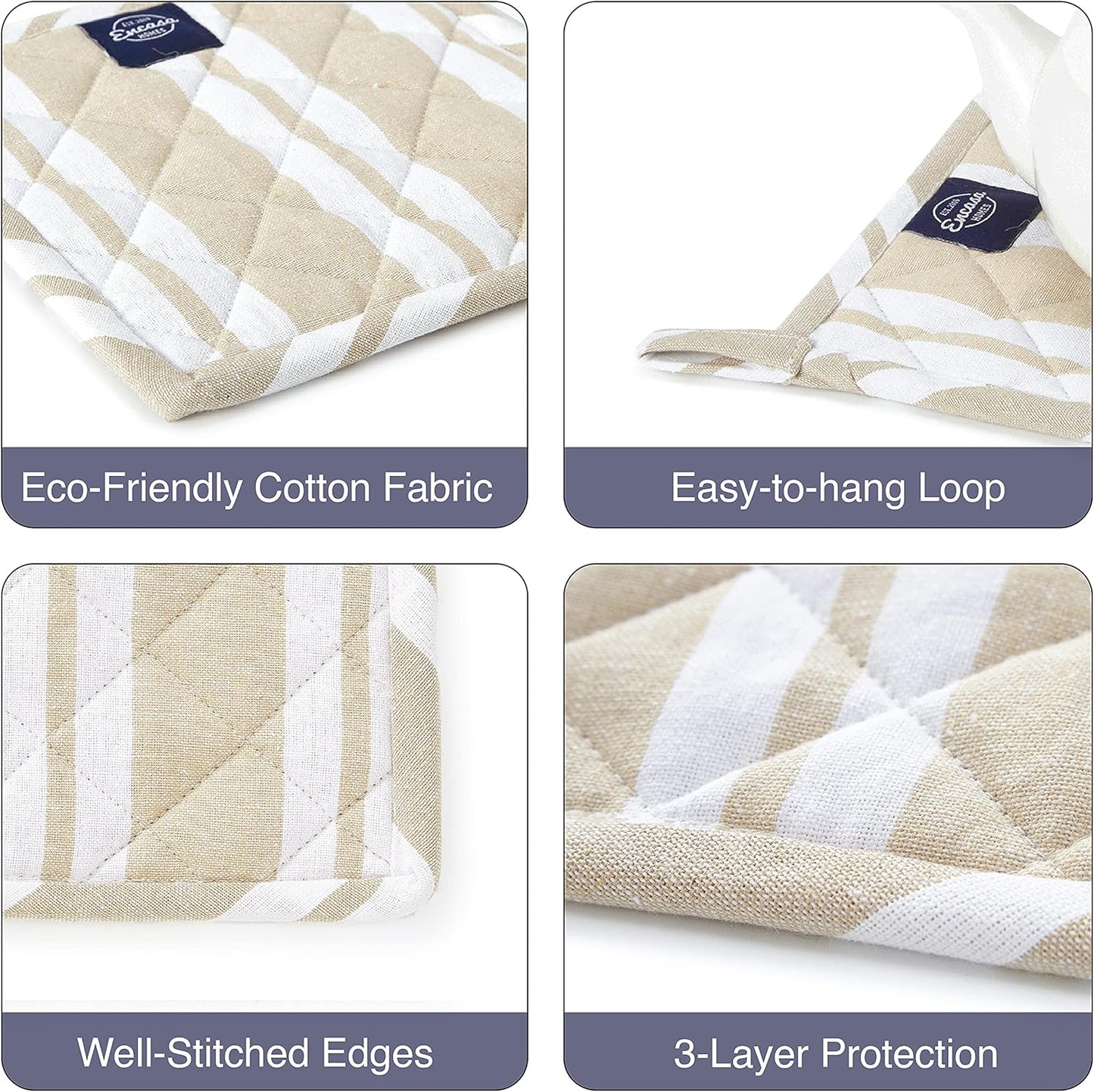 Encasa Homes 8 inches Oven Microwave Potholders (2 pc Set) for Kitchen Cooking & Baking - Heat Resistant, Thick & Safe, Protection of Hands from Hot Utensils - Franca Beige Stripes