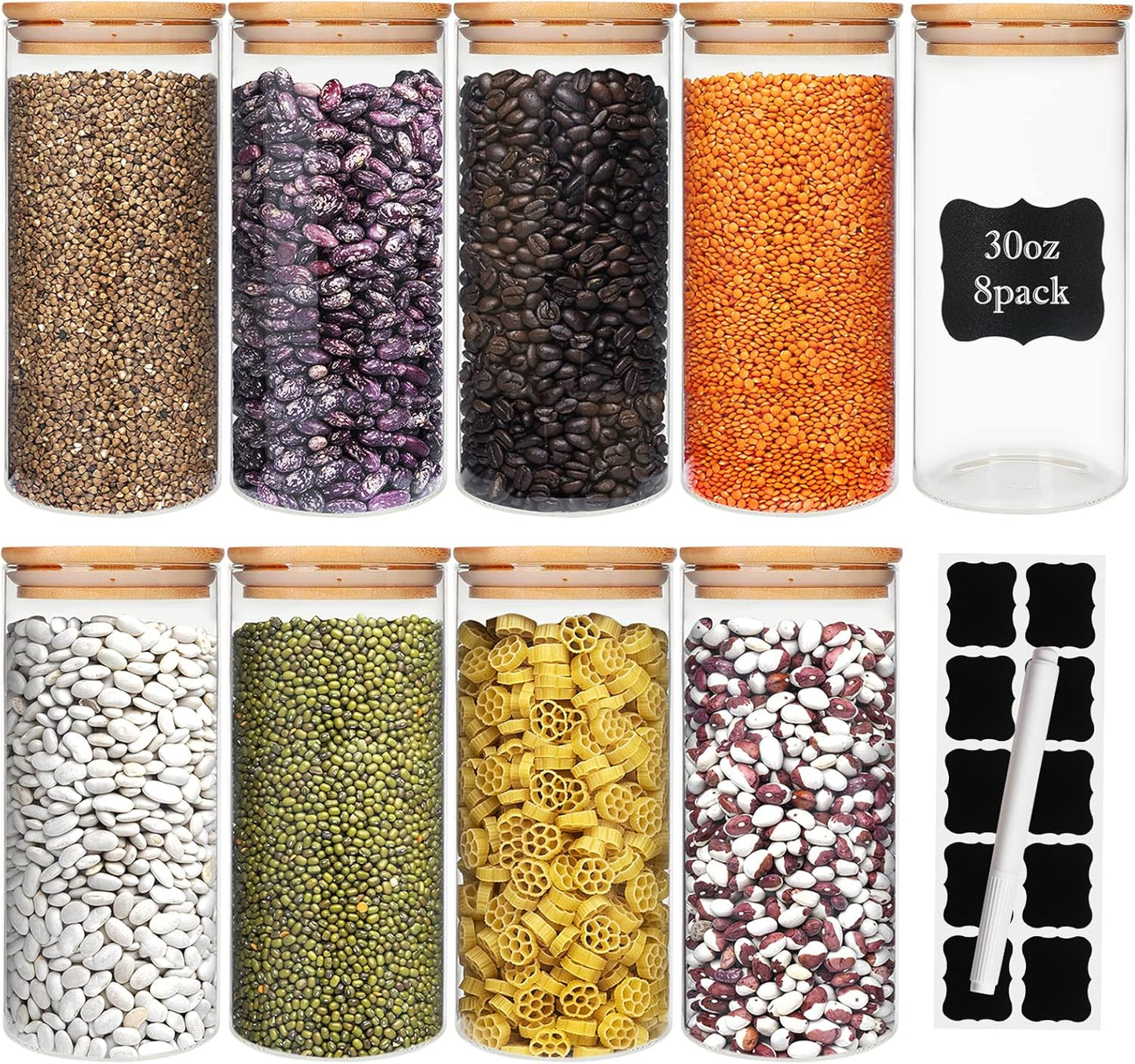 Glass Food Storage Containers Jars with Airtight Bamboo Lid 30 oz 8 pcs, 890 ml Pantry Organization Jar, Glass Terrarium with Lid, Spice, Flour and Sugar Container, Canister Set for Kitchen Counter