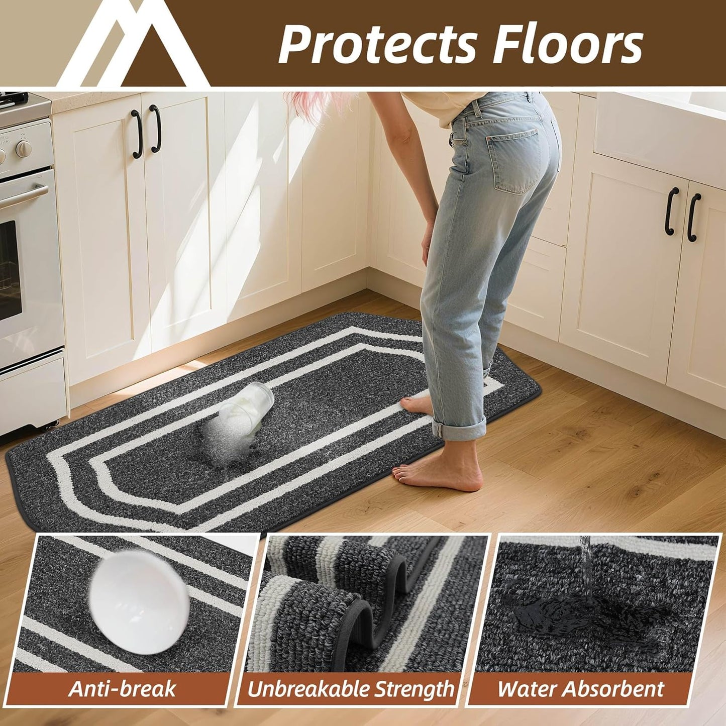 COSY HOMEER Kitchen Rugs and Mats 24"x48" Non Slip Kitchen Mats for Floor Washable Kitchen Runner Rug Stain Resistant Standing Mat for Kitchen,Sink,Polypropylene,Black