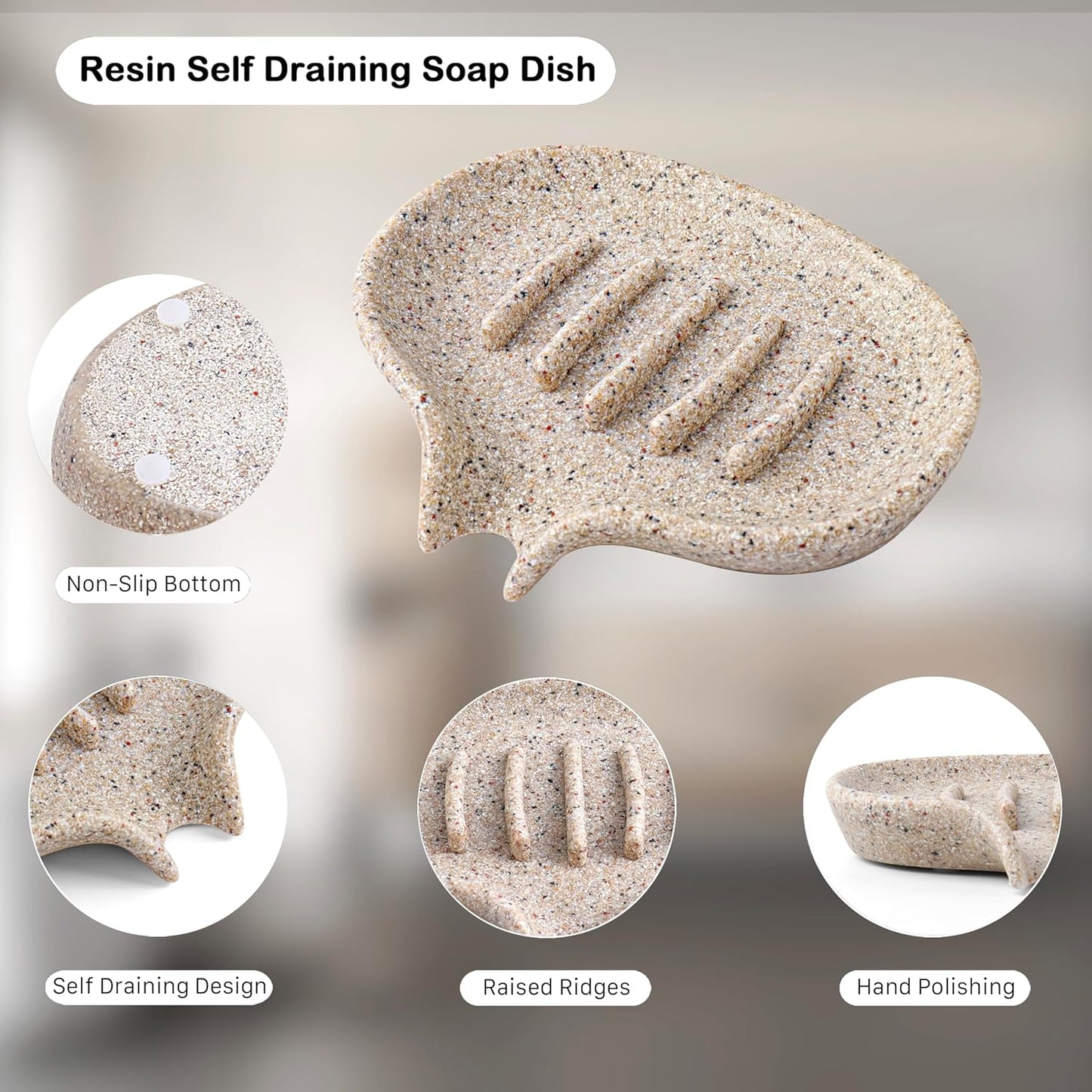 Soap Dish with Drain- Self Draining Bar Soap Holder for Shower, Large Resin Soap Savers Soap Tray Sponge Holder for Kitchen, Bathroom, Bathtub Sink, Linen