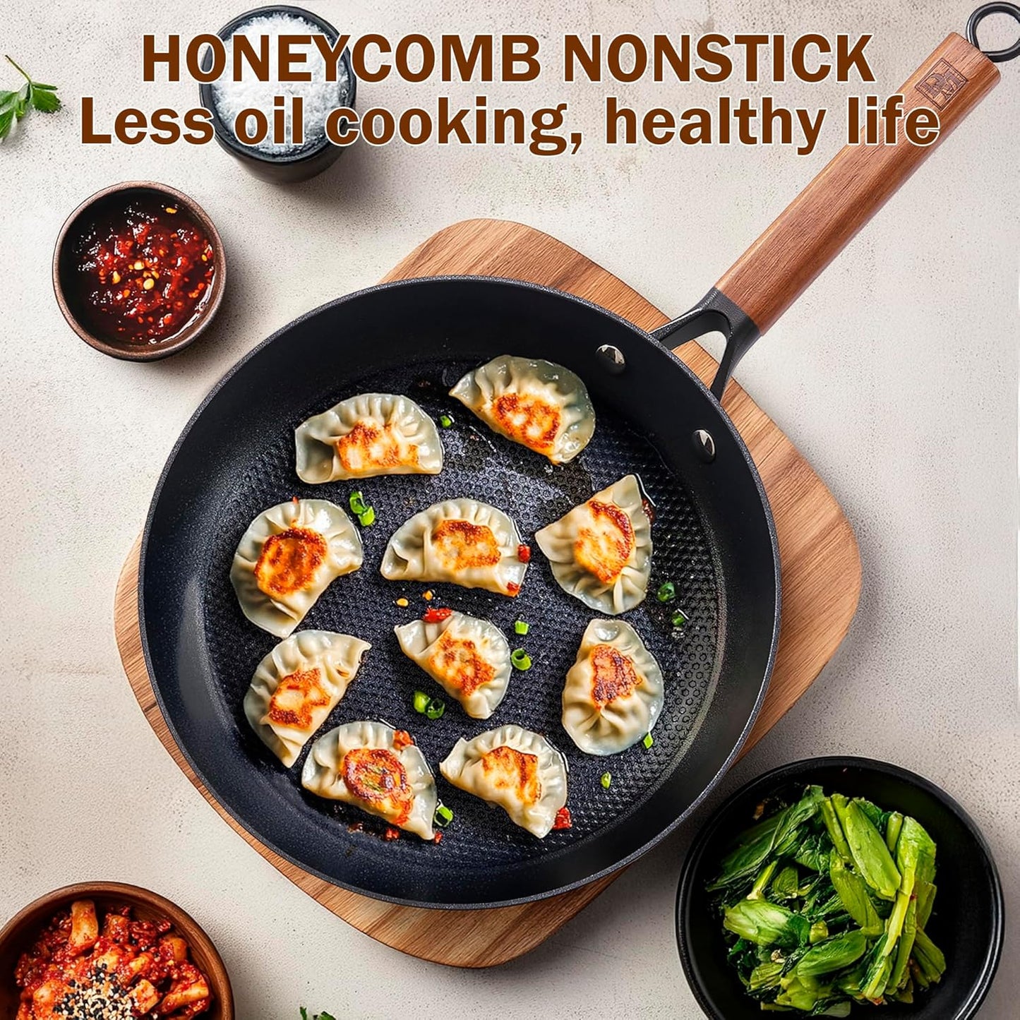 DM Cast Iron Skillet, 3 Piece Nonstick Frying Pan Set, 8” 10” 12” with Detachable Acacia Wooden Handle, Honeycomb Non stick Omelet Egg Pan, Easy Clean Oven Safe Pans for Cooking