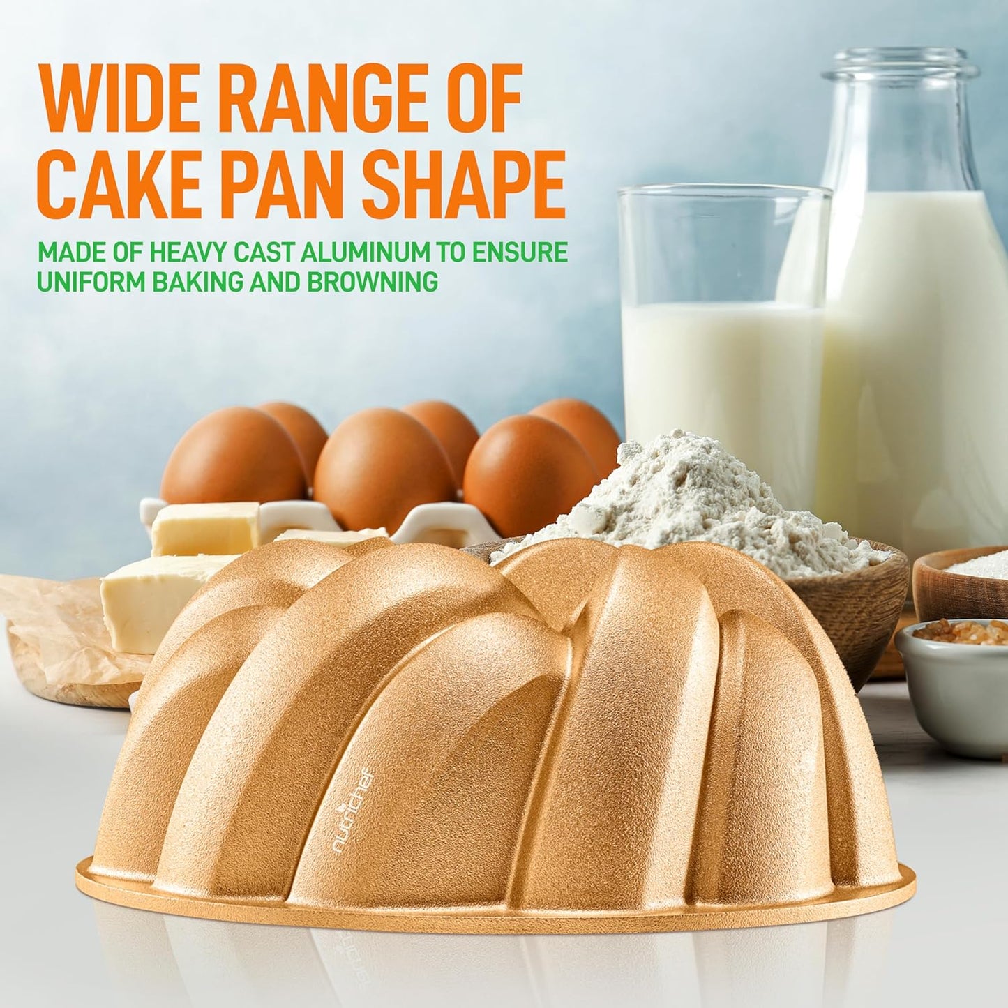NutriChef 9-Inch Cake Pan - Heavy Die Cast Aluminum Cake Baking Mold with 2 Layers of Professional Nonstick Coating - Fluted Flow Design for Uniform Baking & Browning, Dishwasher Safe - Gold