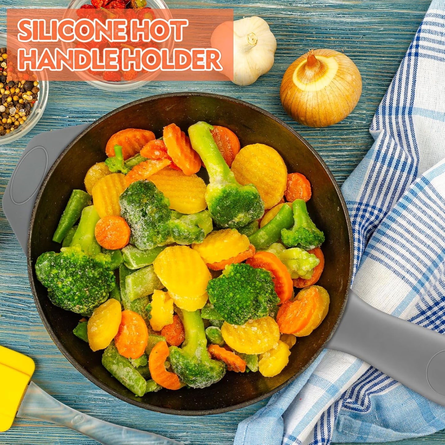 Domensi 4 Pcs Silicone Hot Handle Holder Set Cast Iron Skillet Handle Covers Heat Resistant Silicone Assist Handle Holder for Frying Pans Cast Iron Skillet Griddles Cookware(Grey)