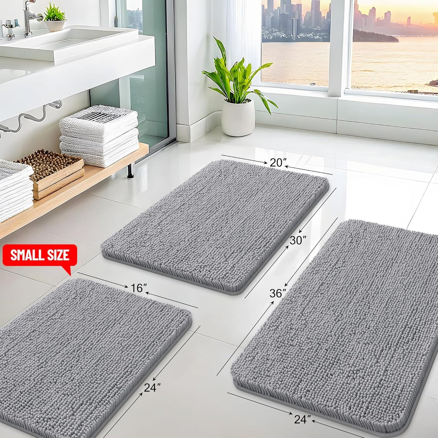 Arotive Bathroom Rugs 36x24, Extra Soft Absorbent Shaggy Chenille Bath Rugs, Machine Washable Rubber Backing Non-Slip Bath Mats for Bathroom Floor Tub and Shower, Home Decor Accessories, Grey