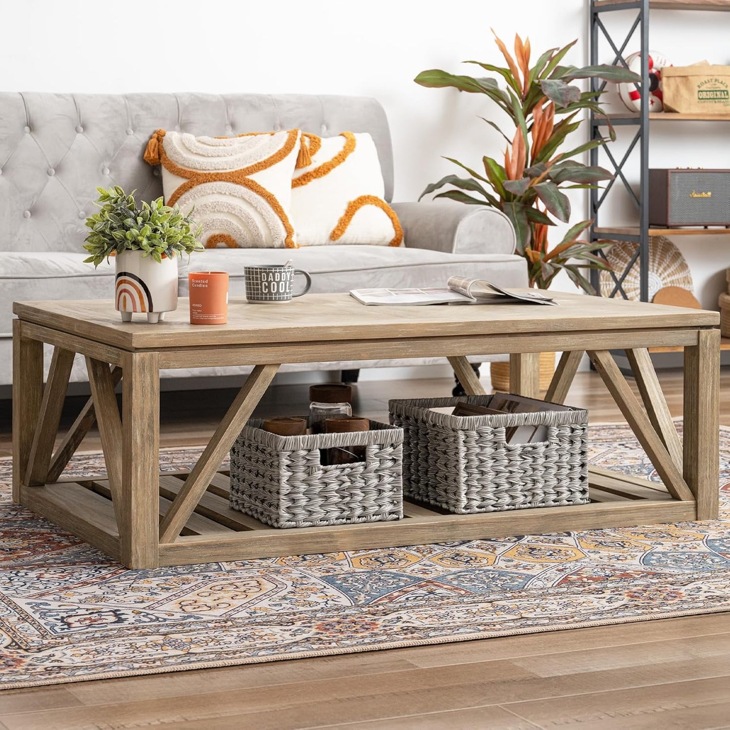 GRANNY SAYS Wicker Baskets for Organizing, Storage Basket for Shelves, Square Shelf Baskets with Handles, Waterproof Woven Basket for Living Room, Baskets for Entryway, Grey