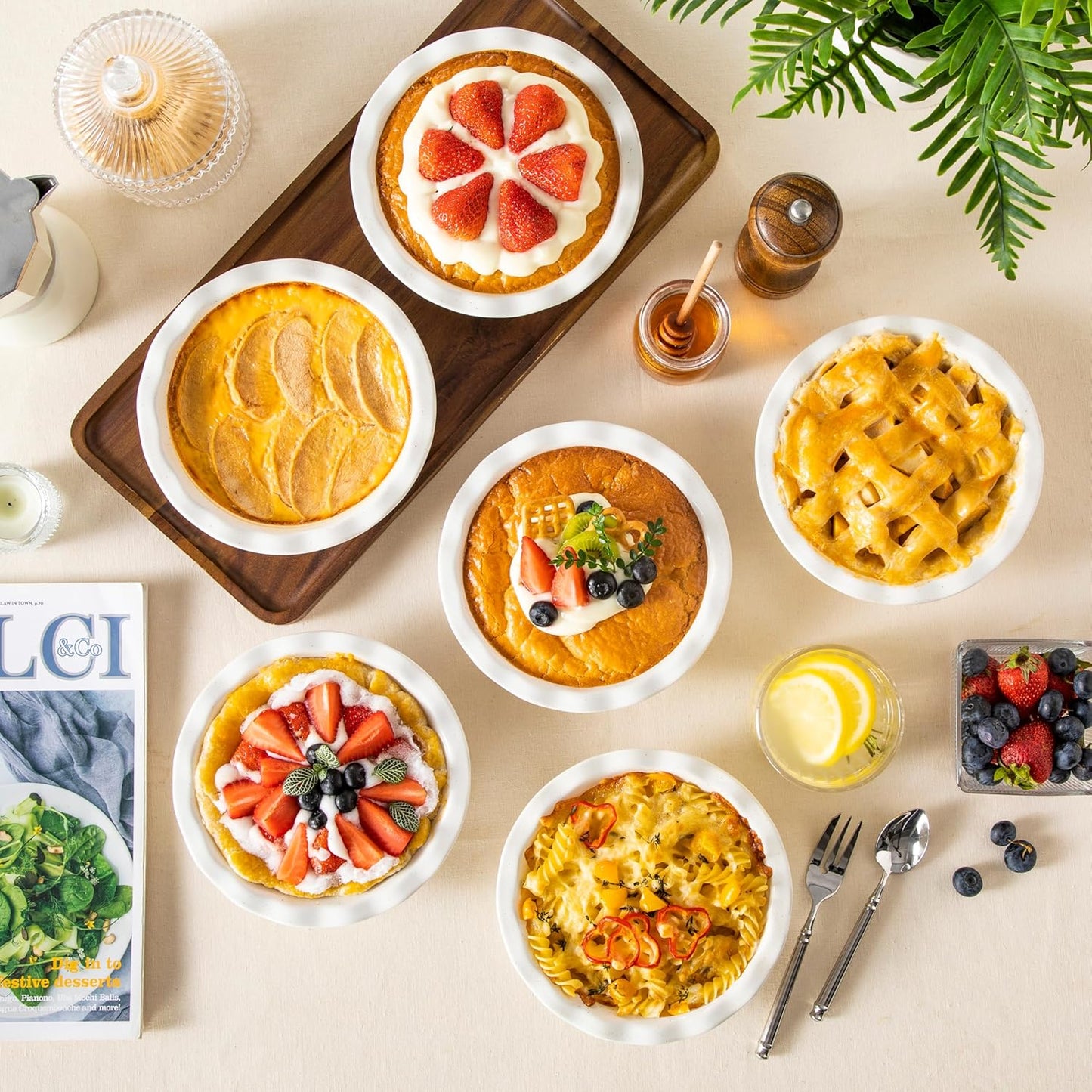 MALACASA Ceramic Mini Pie Pans Set of 6, 6 Inch Pie Plates for Baking with Ruffled Edge, Small Quiche Baking Dish Pans Tart Pans, Individual Pot Pie Plates, Microwave & Oven Safe, Khaki White