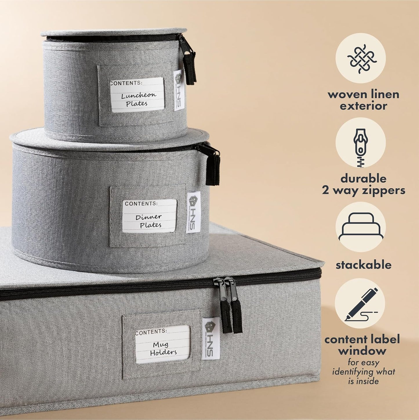 Hard Shell China Storage Containers 5-Piece Set Moving Boxes for Dinnerware, Glasses, Plates, Mugs and Saucers Sturdy Dish Organizer with Dividers for Seasonal Storage - Service for 12 - Gray