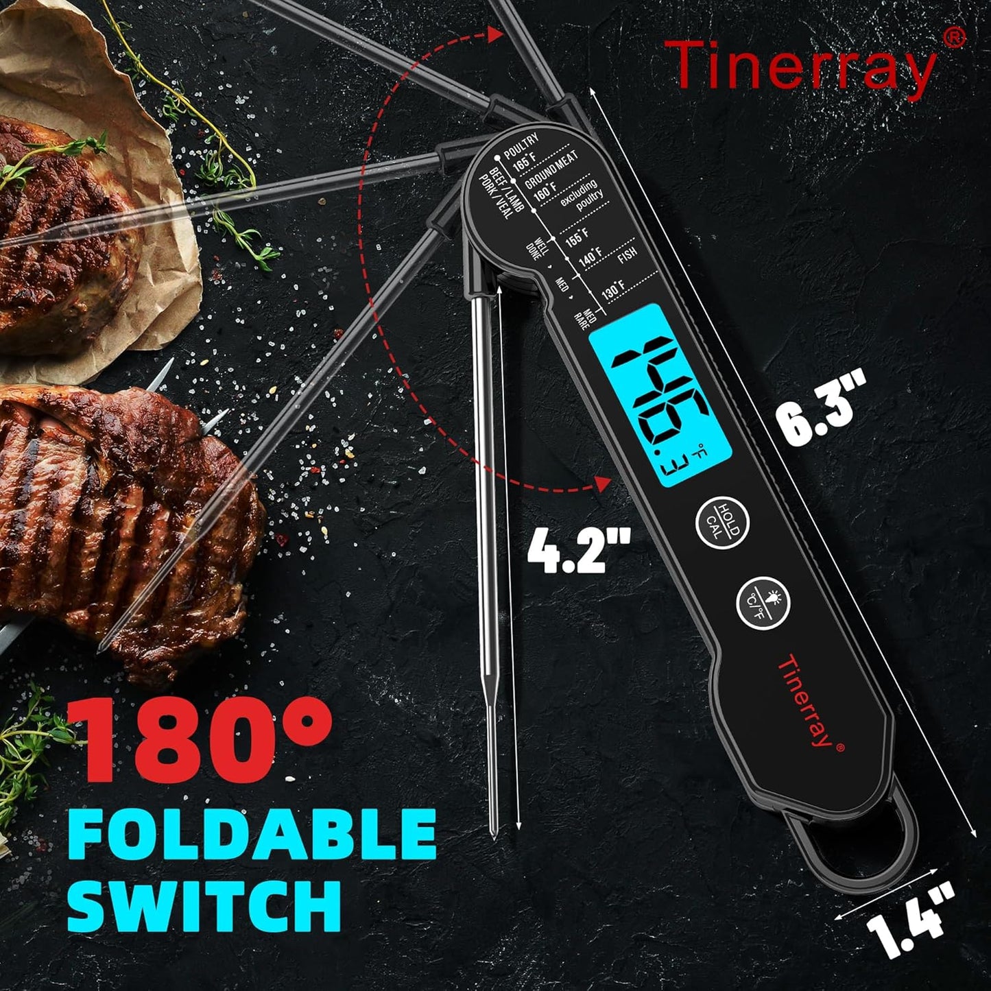 Digital Meat Thermometer for Cooking, Grilling & BBQ - Ultra-Fast Instant Read Thermometer with Waterproof Design,Backlight & Calibration - Perfect for Candy Making, Deep Frying, Turkey, Beef (Black)
