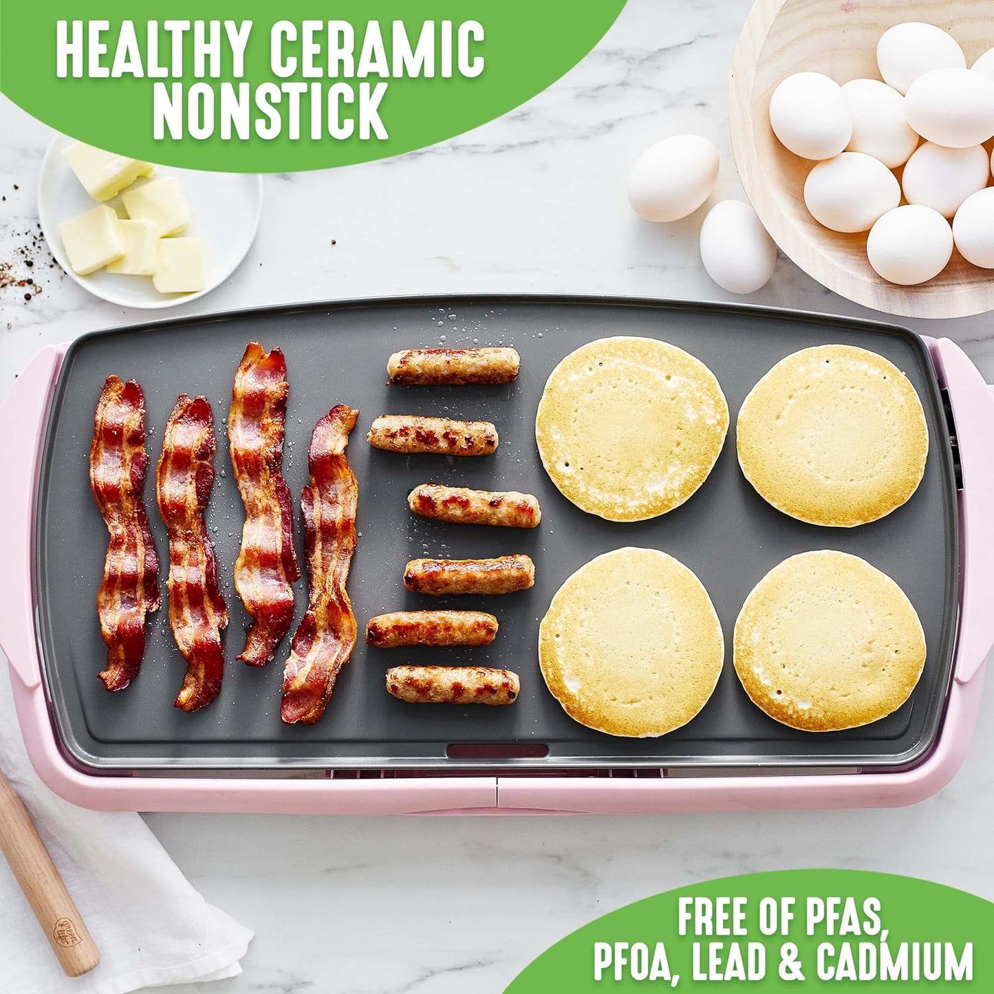 GreenLife 20” Extra Large Electric Griddle, Non-Toxic PFAS-Free Ceramic Nonstick, Temperature Control, Quick Even Heating, Removable Drip Tray, Pancakes, Eggs, Sausage, Easy Clean, Pink