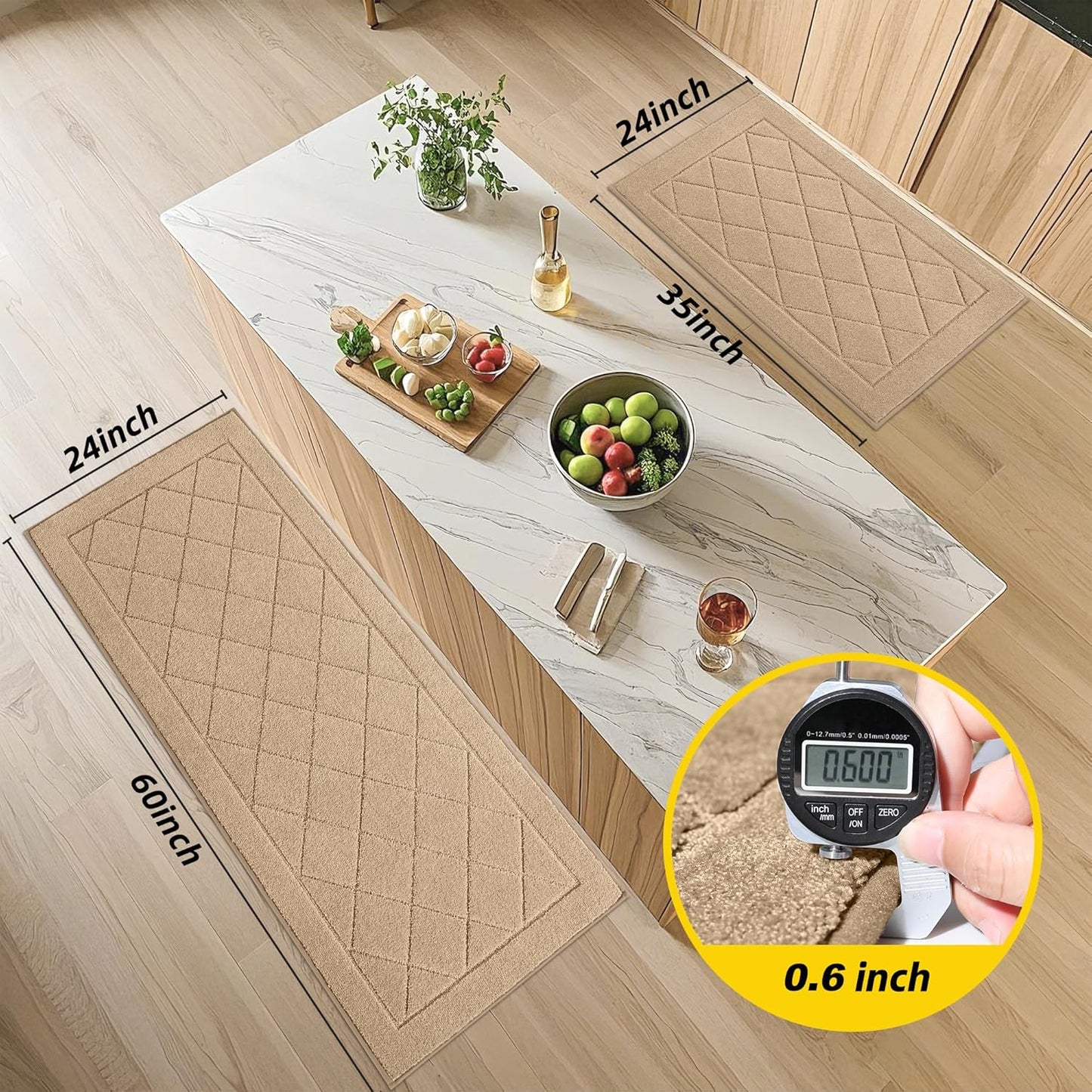 JSEI Non-Slip Kitchen Rugs, Self Adhesive No Sliding Kitchen Mats Set of 2, Soft Washable Absorbent Floor Mat for Kitchen, Bathroom, Laundry Room, Bedroom, 24”x36”+24”x60”, Beige, Diamond Pattern