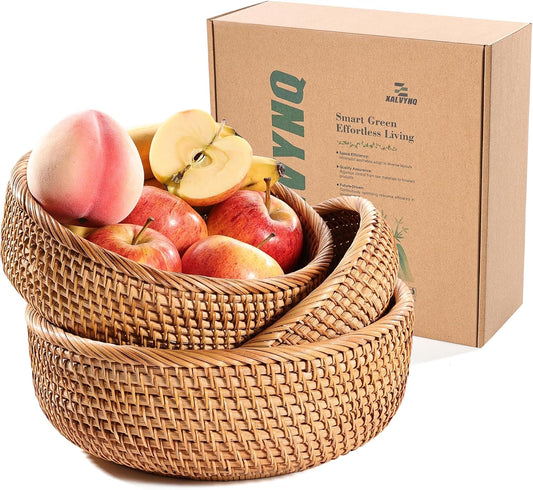 Honey Brown Natural Rattan Bread Basket Set of 3 - Handwoven Round Wicker Serving Bowls for Fruit, Snacks, Kitchen Counter Organizing | Stackable Farmhouse Decor