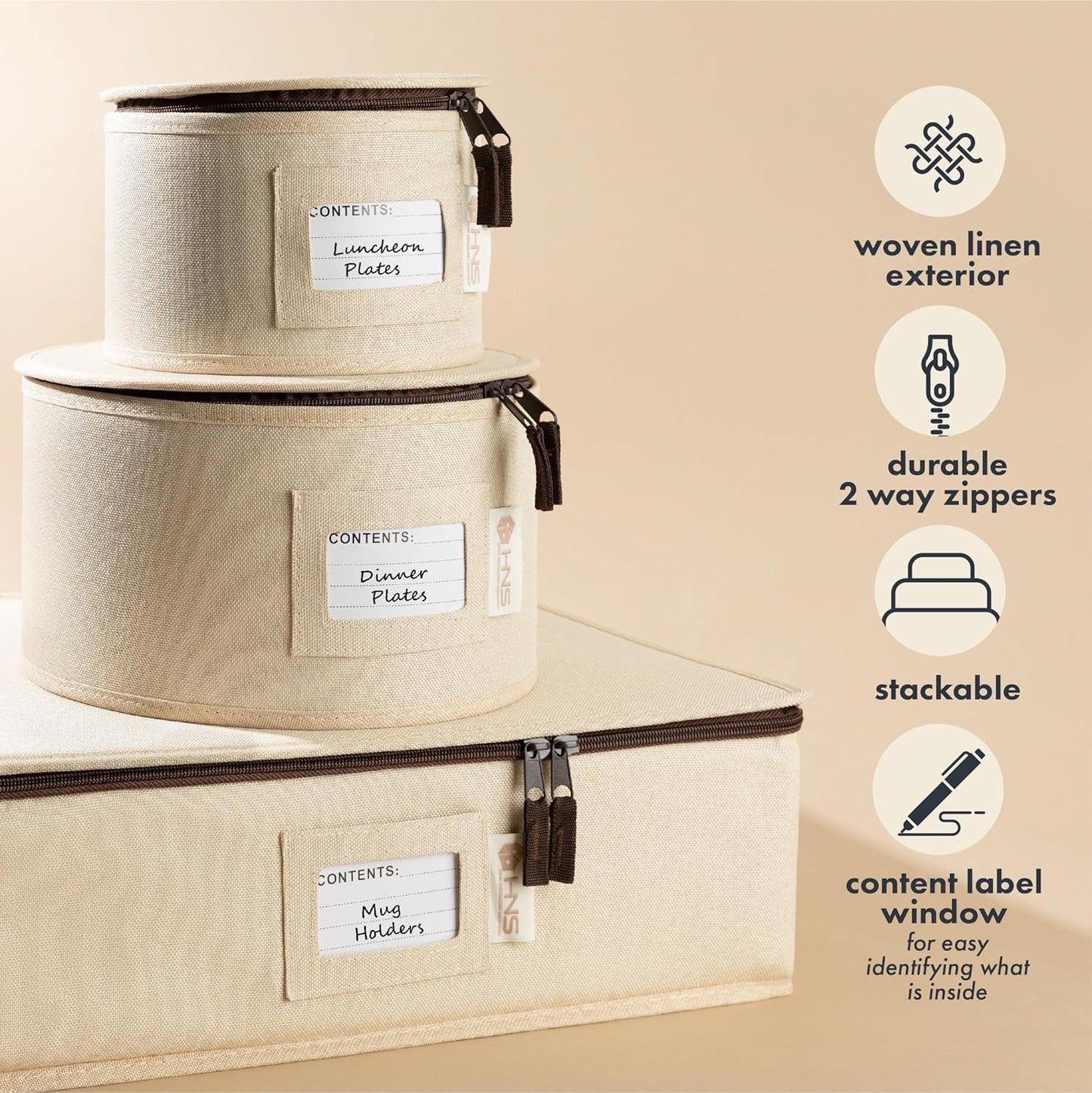 Hard Shell China Storage Containers 5-Piece Set Moving Boxes for Dinnerware, Glasses, Plates, Mugs and Saucers Sturdy Dish Organizer with Dividers for Seasonal Storage - Service for 12 - Beige