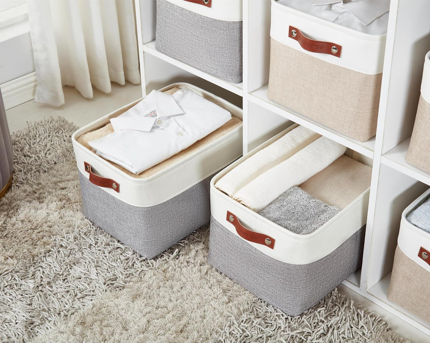 DECOMOMO Storage Baskets for Shelves - Fabric Storage Bins, Linen Closet Organizers and Storage (Grey & White, XL - 4 Pack)