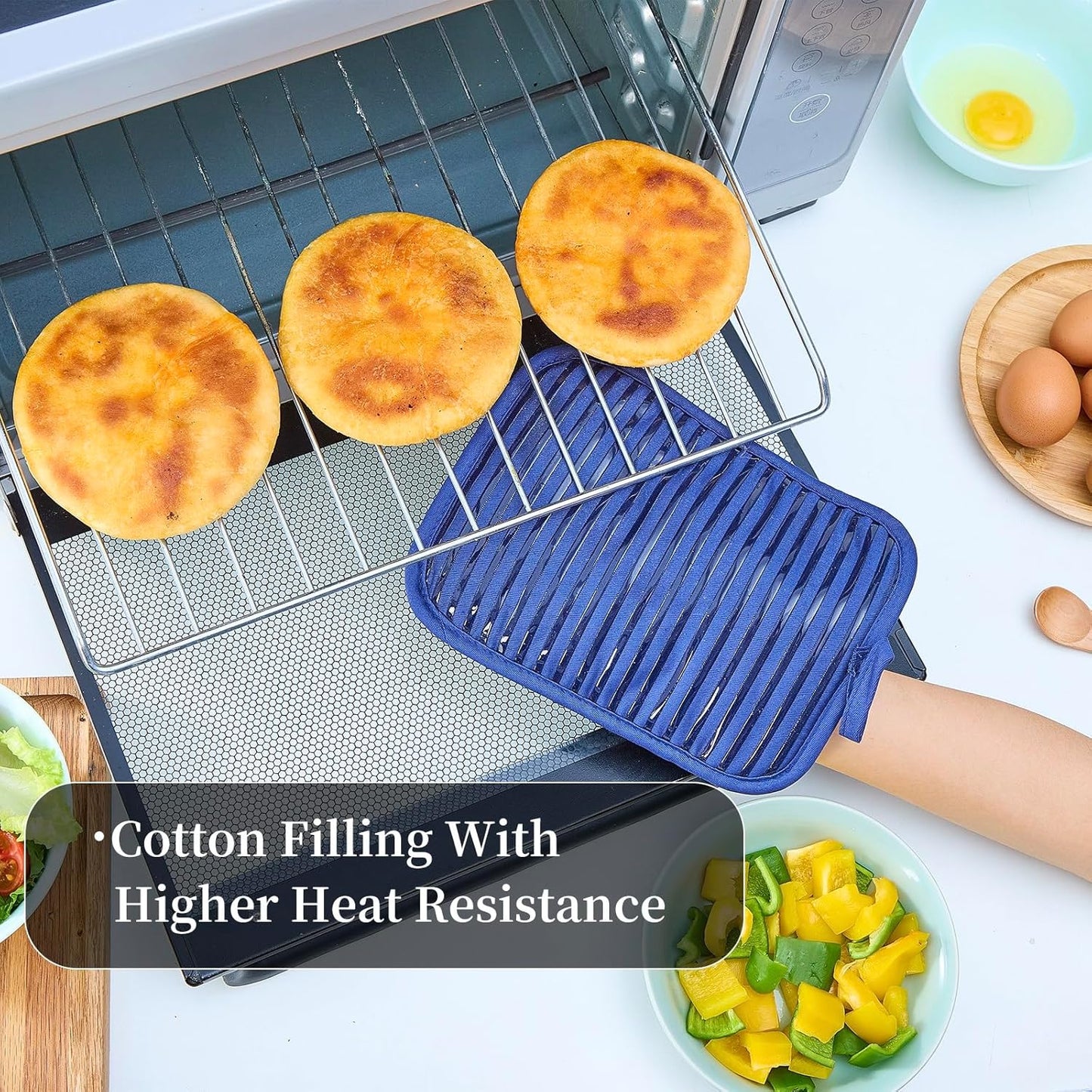 Kitchen Everyday Basic Pot Holder Heat Resistant Coaster Soft Silicone Water Resistant Pot Holder Set Oven Mitts with Pocket, 2 Piece Set, 7"x9" Dark Blue