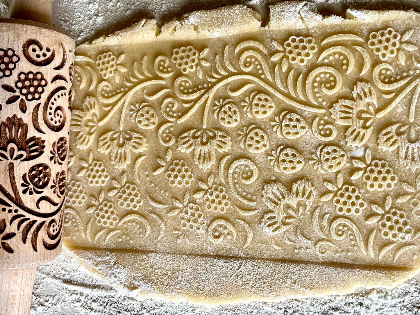 SEASONS 3 Mini Embossed Rolling Pin Set. Wooden Laser Cut Mini Rolling Pins for cookies or clay with spring flowers, tulips, daffodils, strawberries, raspberries, birch, trees by Algis Crafts