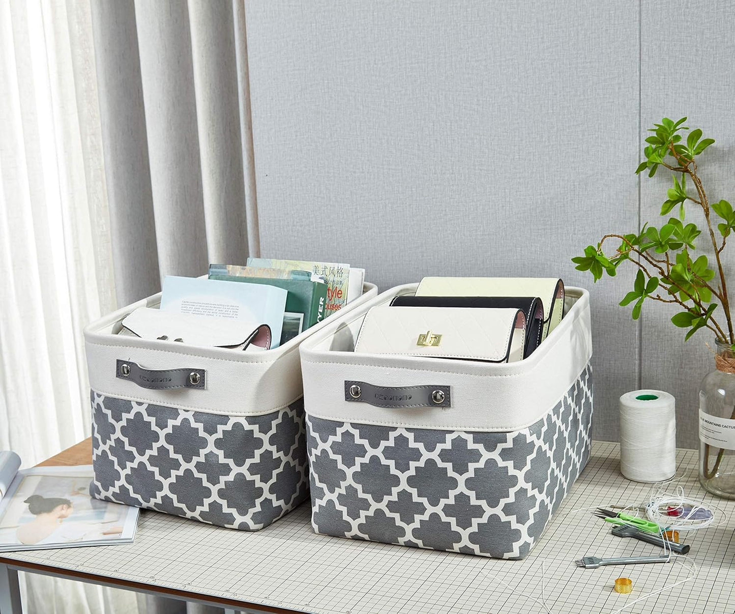 DECOMOMO Grey Storage Bins Fabric Storage Baskets for Shelves, Linen Closet Organization Toys Nursery (Grey Patterns, Large - 3 Pack)