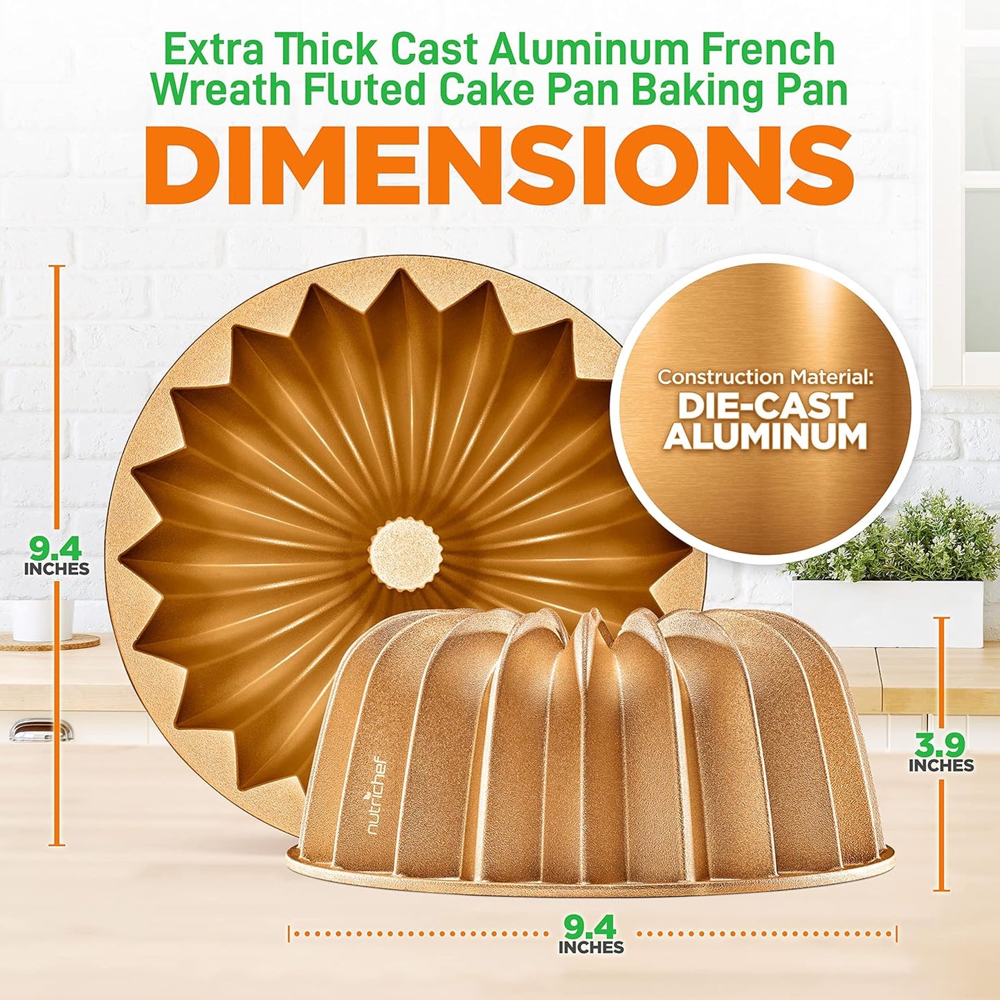 NutriChef 9-Inch Cake Pan - Thick and Heavy Cast Aluminum Bakeware Cake Mold with 2 Layers of Nonstick Coating - Fluted Lines Design for Uniform Baking Up To 500 Degrees - Easy to Clean, Gold