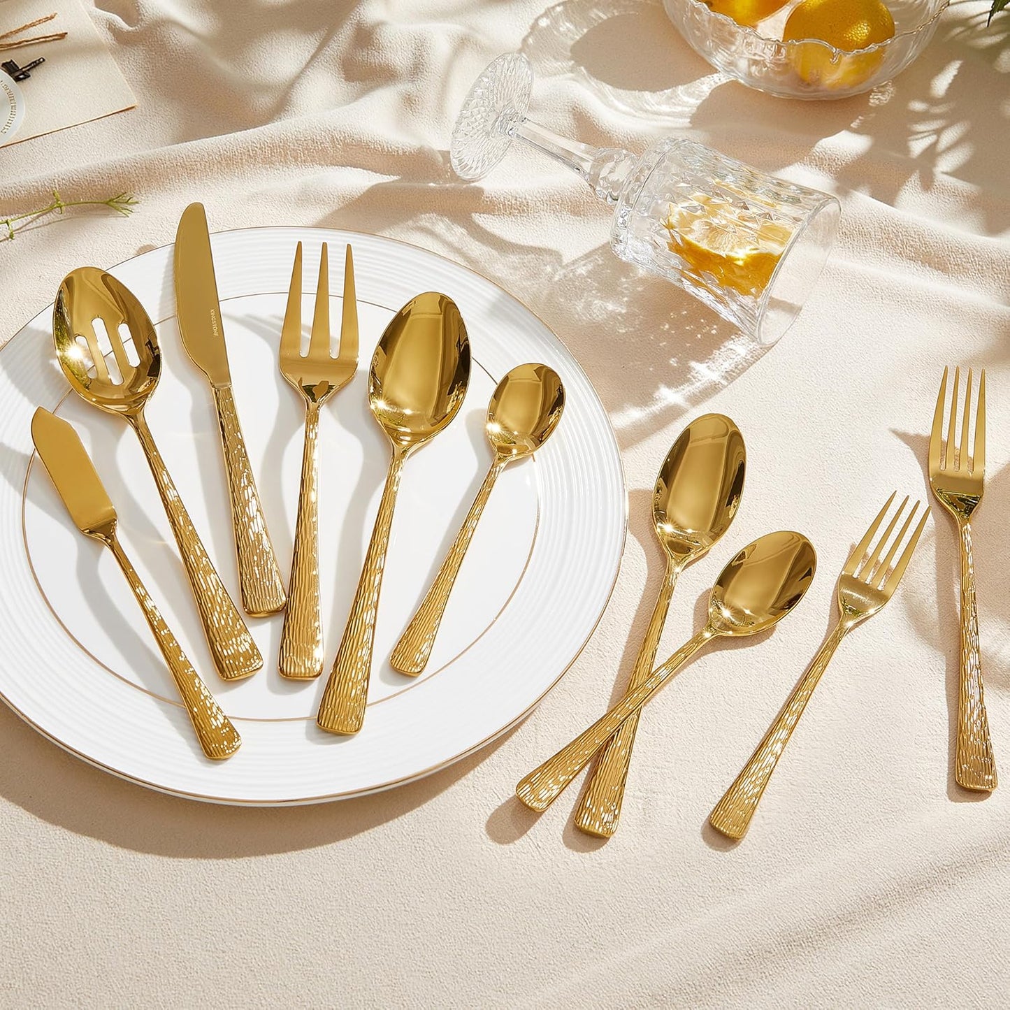 KINGSTONE Gold Hammered Silverware Set, Flatware Set with Serving Utensils, 18/10 Stainless Steel Premium Cutlery with Unique Ripple Handles Design Mirror Polished - Dishwasher Safe (65-Piece)