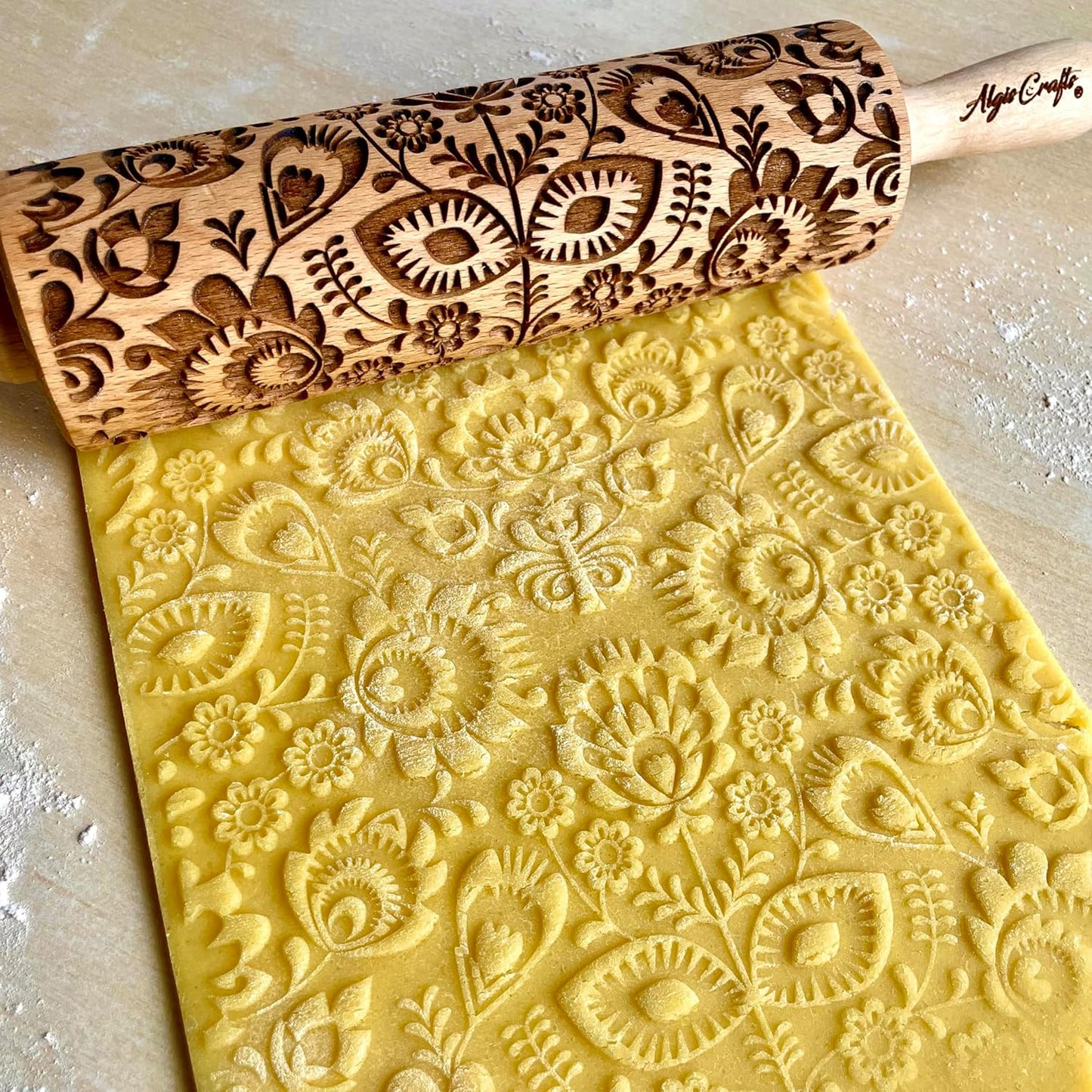 FOLK Embossed Rolling Pin. Wooden Embossing Rolling Pin With Folksy Flowers for Pottery and Cookies by Algis Crafts