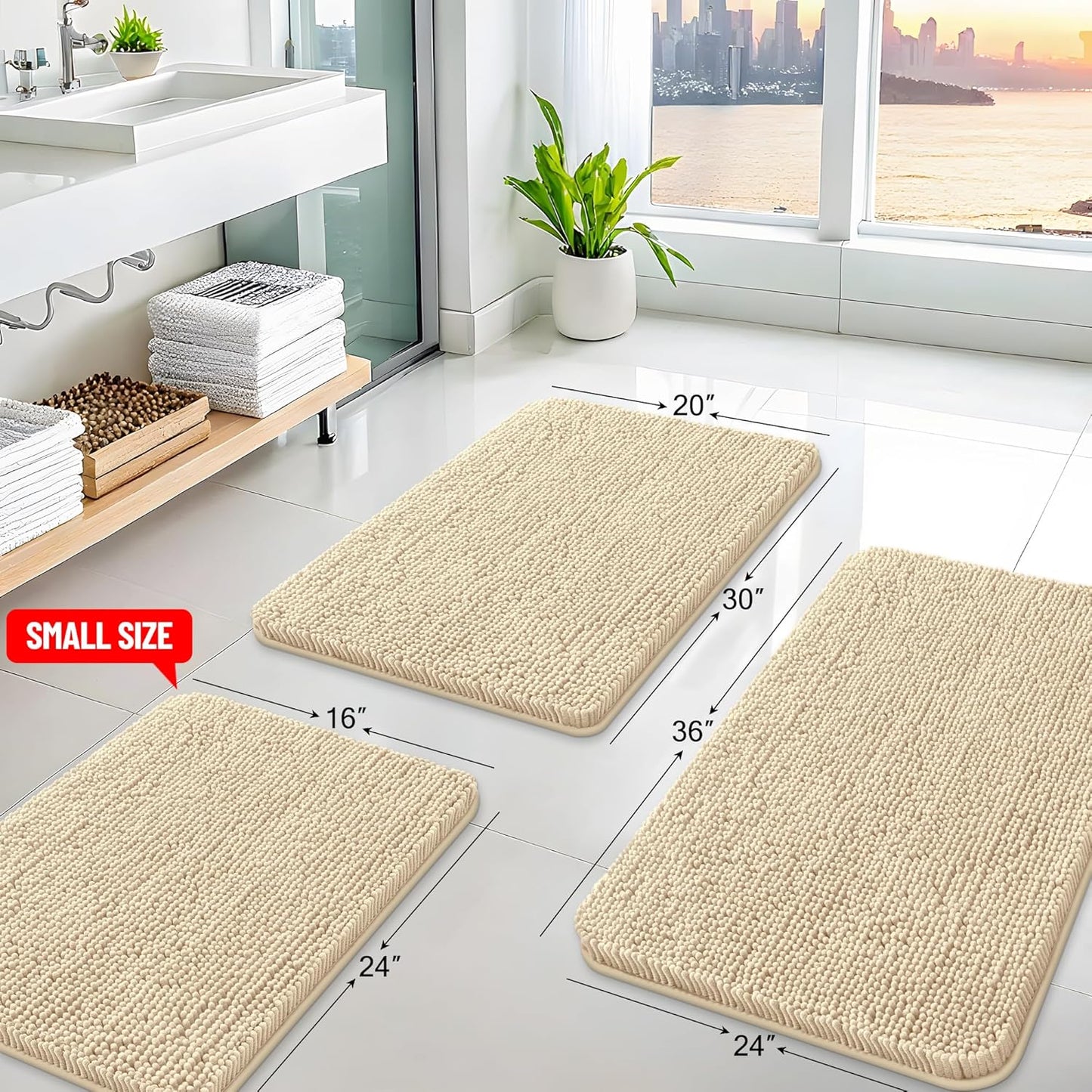 Arotive Bathroom Rugs 24x16, Extra Soft Absorbent Shaggy Chenille Bath Rugs, Machine Washable Rubber Backing Non-Slip Bath Mats for Bathroom Floor Tub and Shower, Home Decor Accessories, Beige