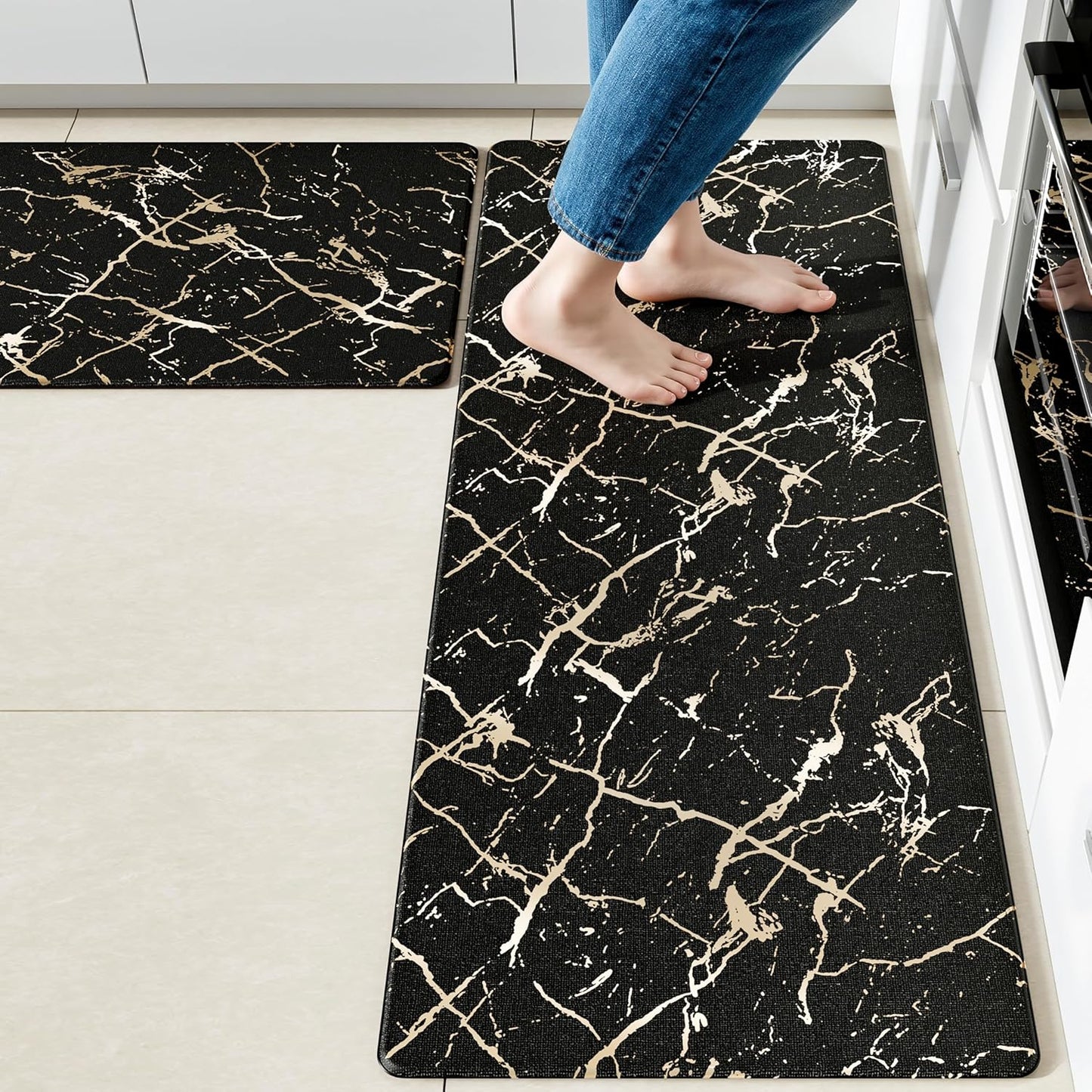 Gold Foil Stamped Marble Kitchen Mats for Floor 2PCS Cushioned Anti Fatigue Non Slip Waterproof Comfort Leather Kitchen Rugs 2/5 Inch PVC Kitchen Mats for Sink, Laundry, 17.3"x28"+17.3"x47", Black