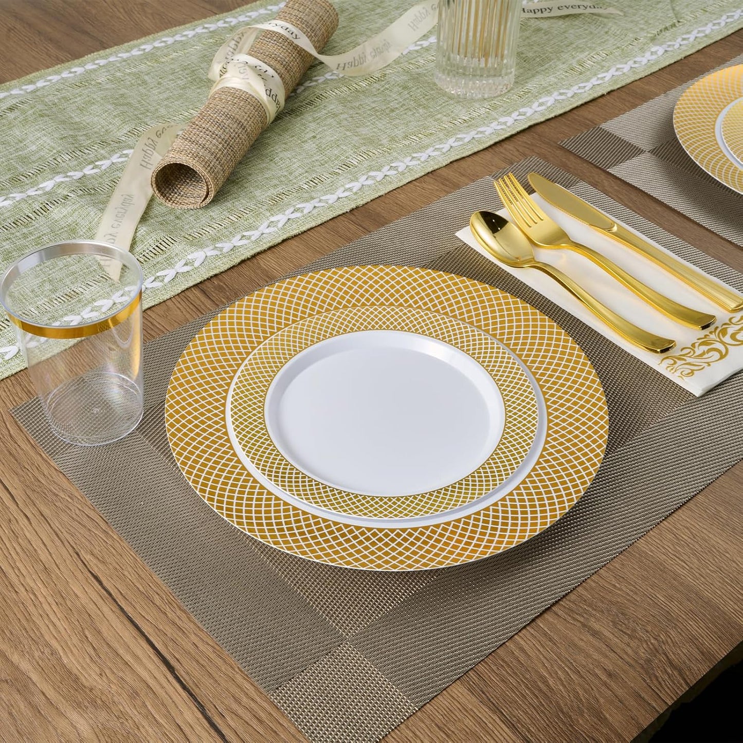 FOCUSLINE Gold Plastic Plates Set of 102, Disposable Plates with Gold Grid Rim 51 Dinner Plates 10" and 51 Salad Dessert Appetizer Plates 7", Elegant Fancy Heavy Duty Wedding Party Plates